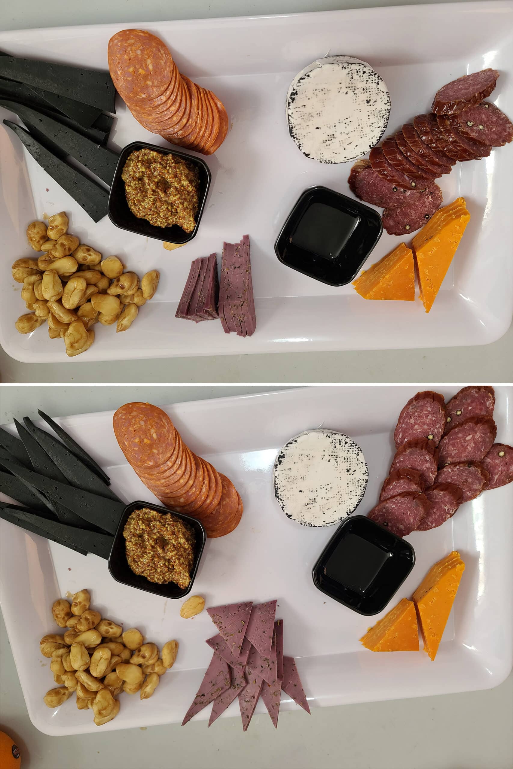 2 part image showing the halloween charcuterie board in progress.