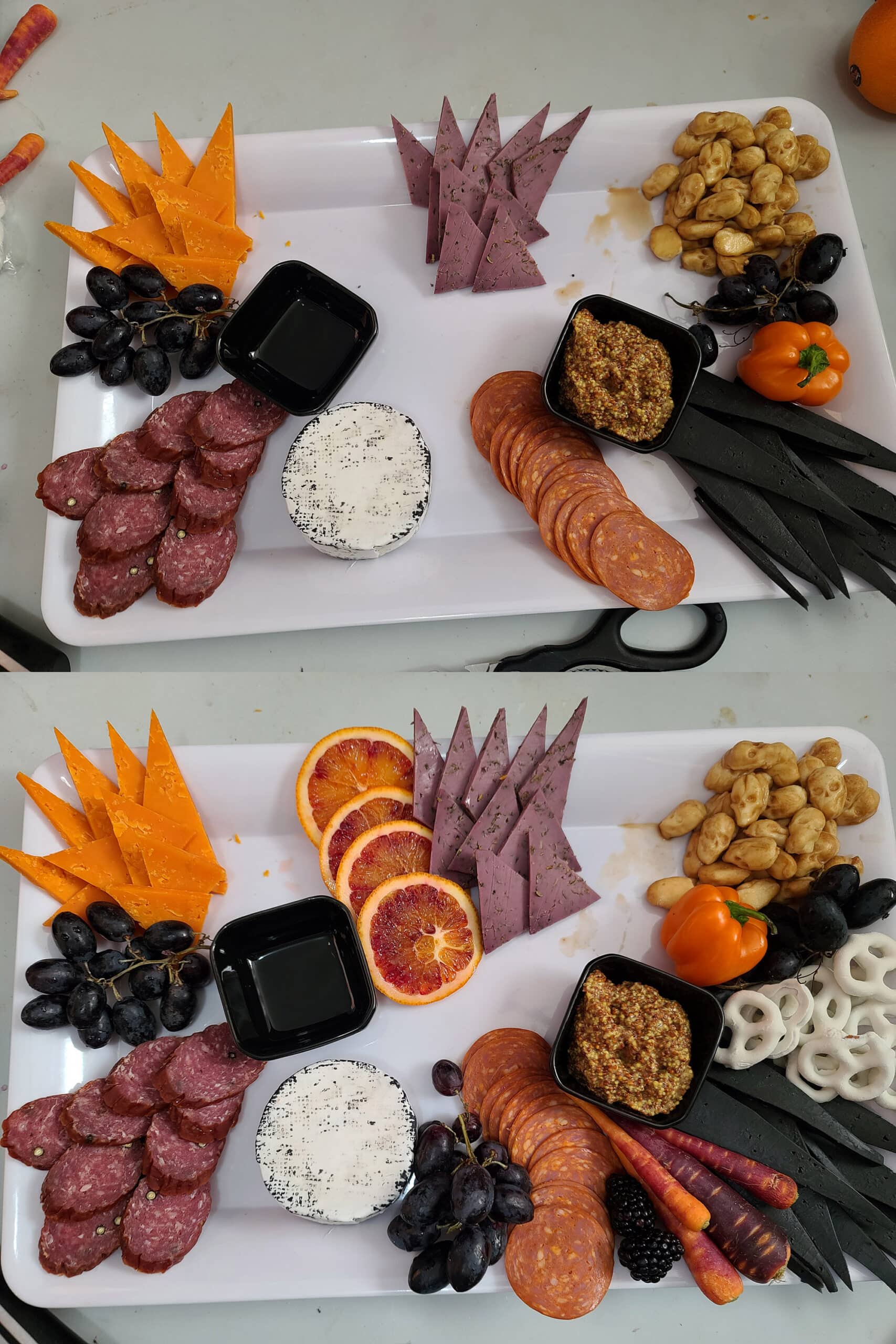 2 part image showing the halloween charcuterie board in progress.