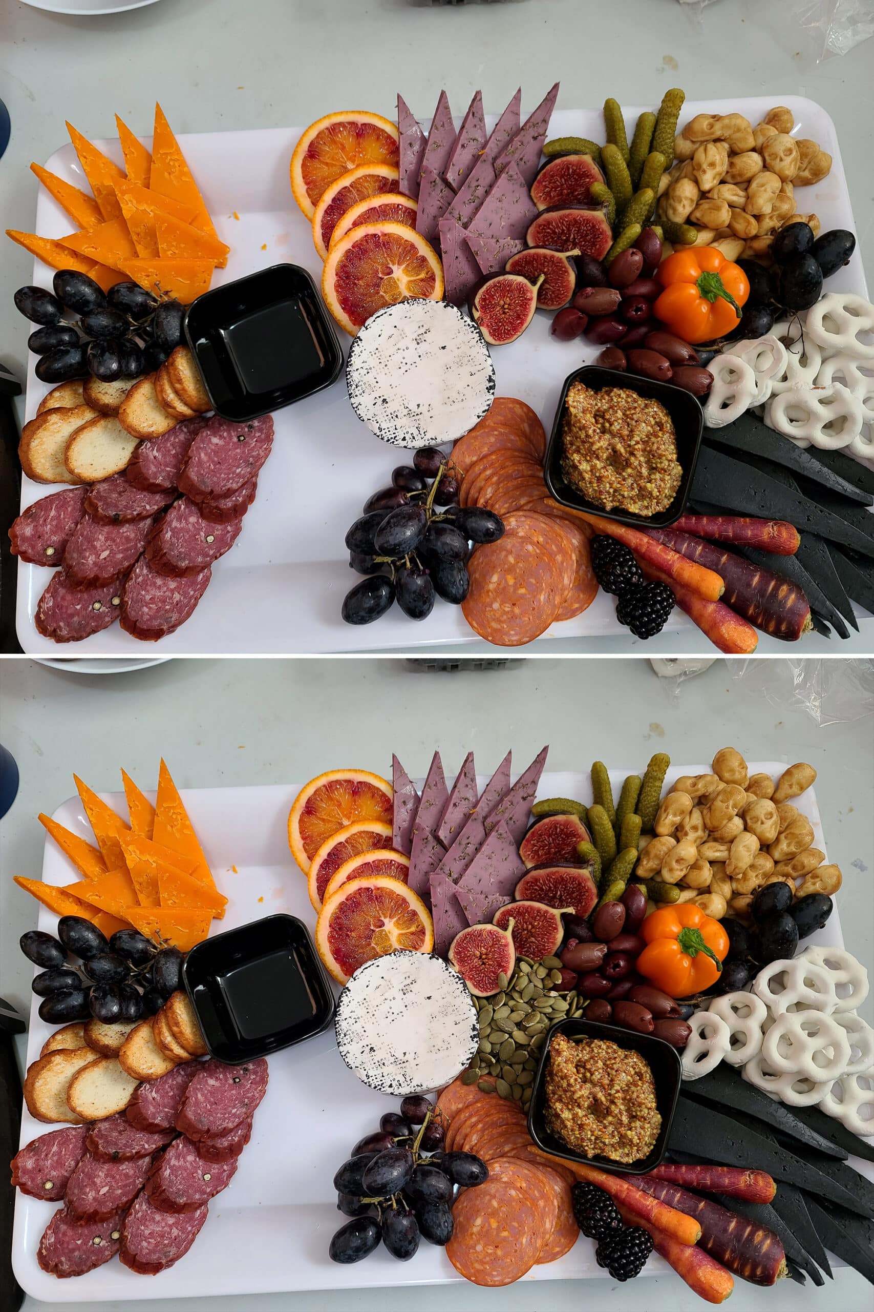 2 part image showing the halloween charcuterie board in progress.