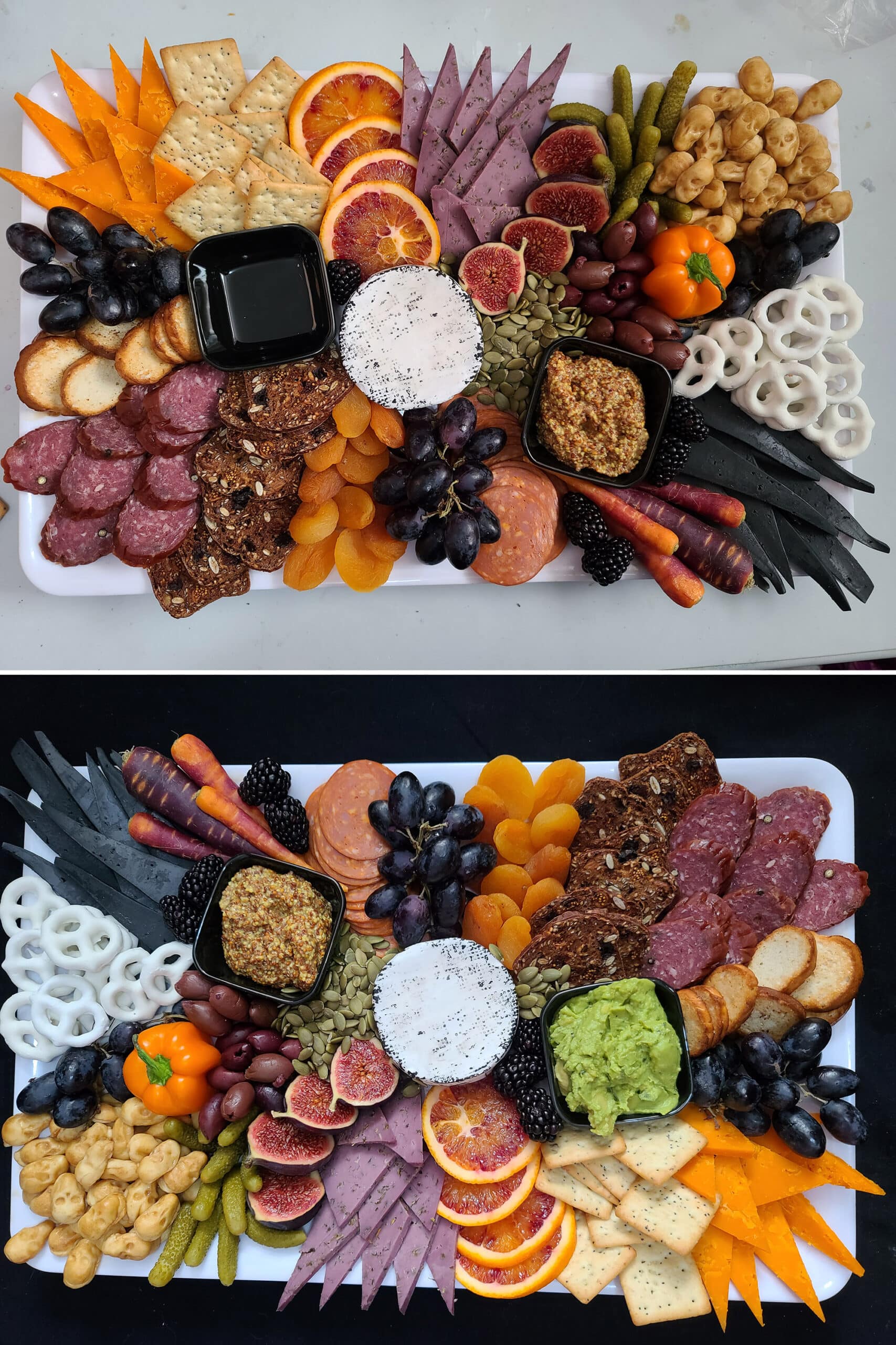 2 part image showing the finished halloween charcuterie board, before and after adding the dips to the bowls.