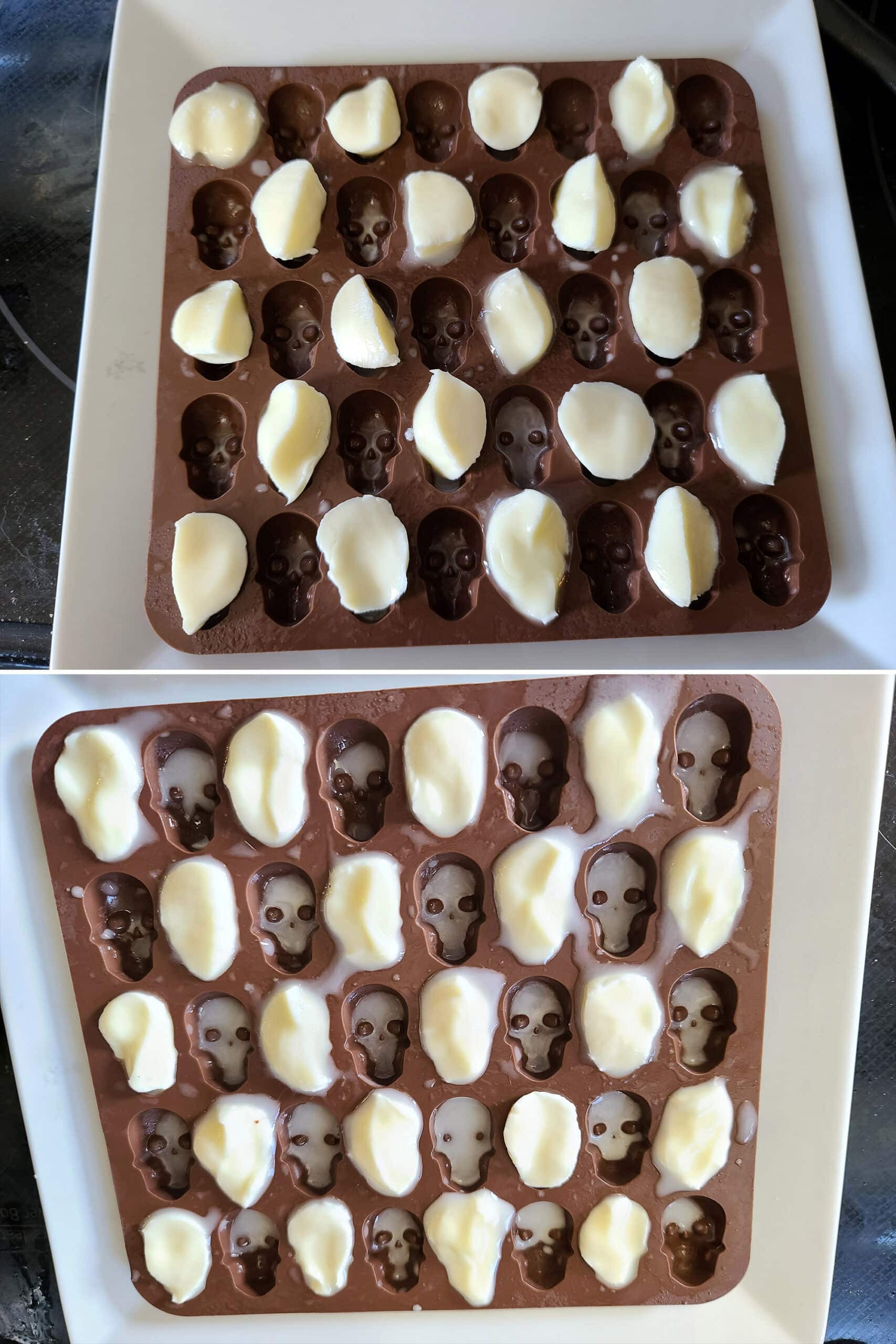 2 part image showing mozzarella bits in the skull mold, before and after softening and pressing.