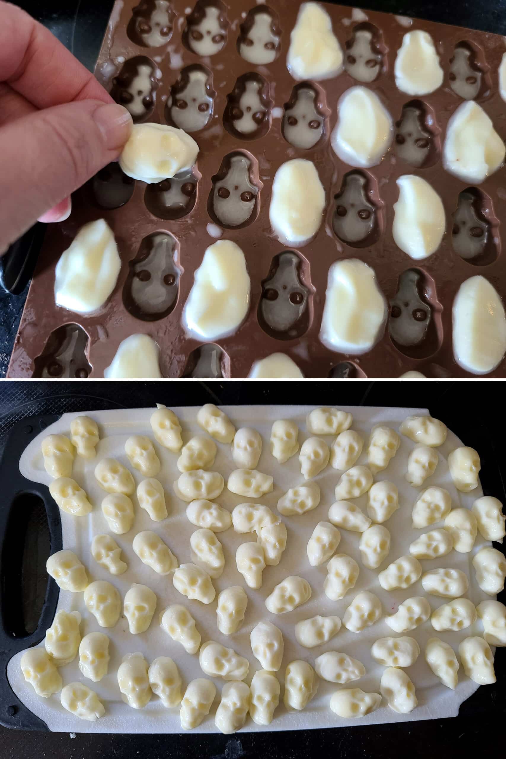 2 part image showing cooled mozzarella skulls being removed from the mold.