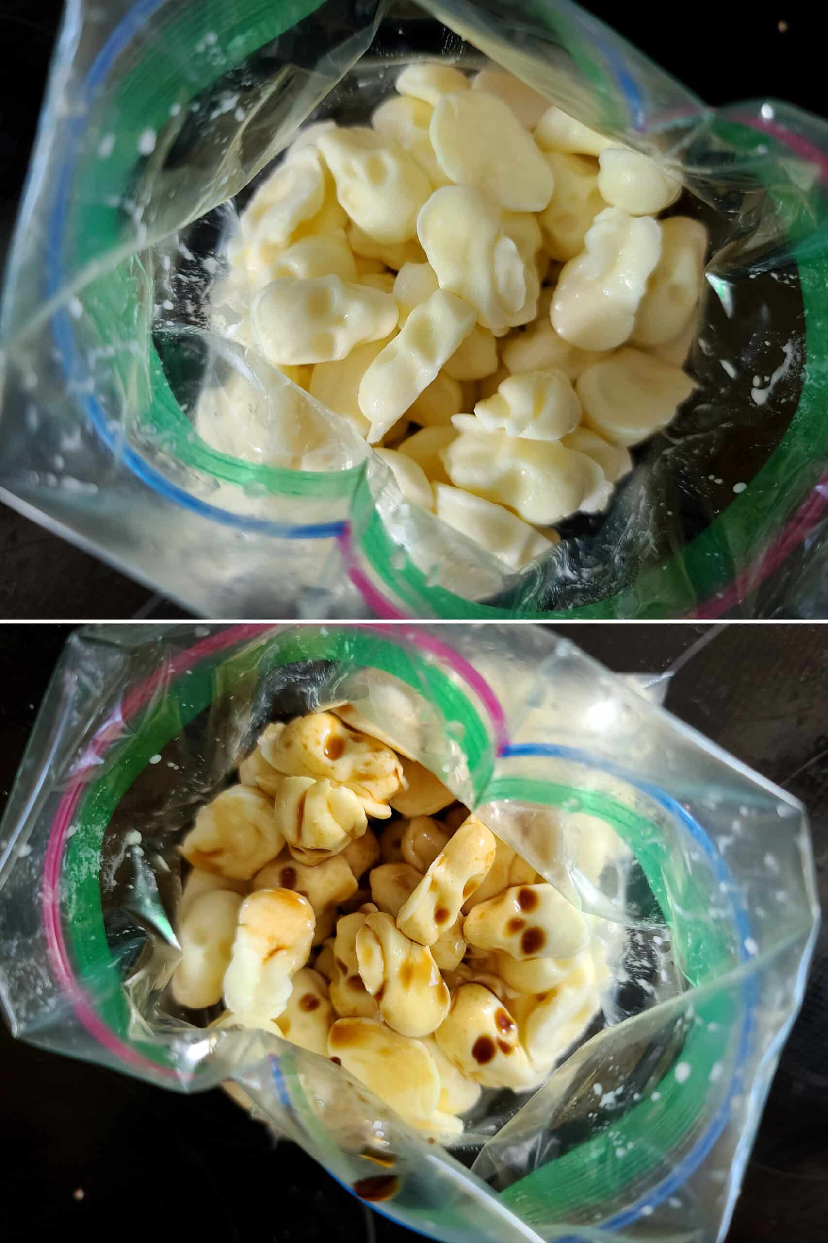 2 part image showing mozzarella skulls marinating in balsamic vinegar.