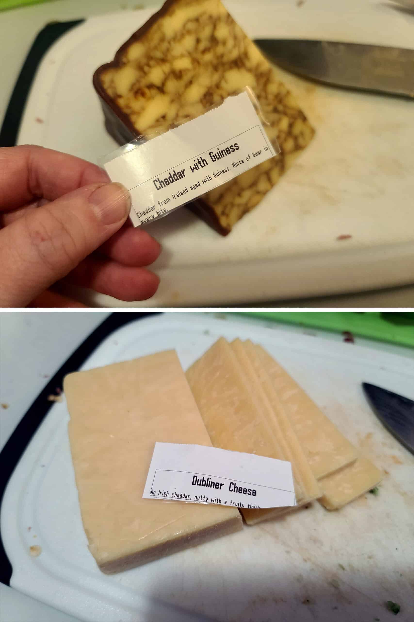 2 part image showing Guinness Cheese and Dubliner Cheese being sliced up for the board.