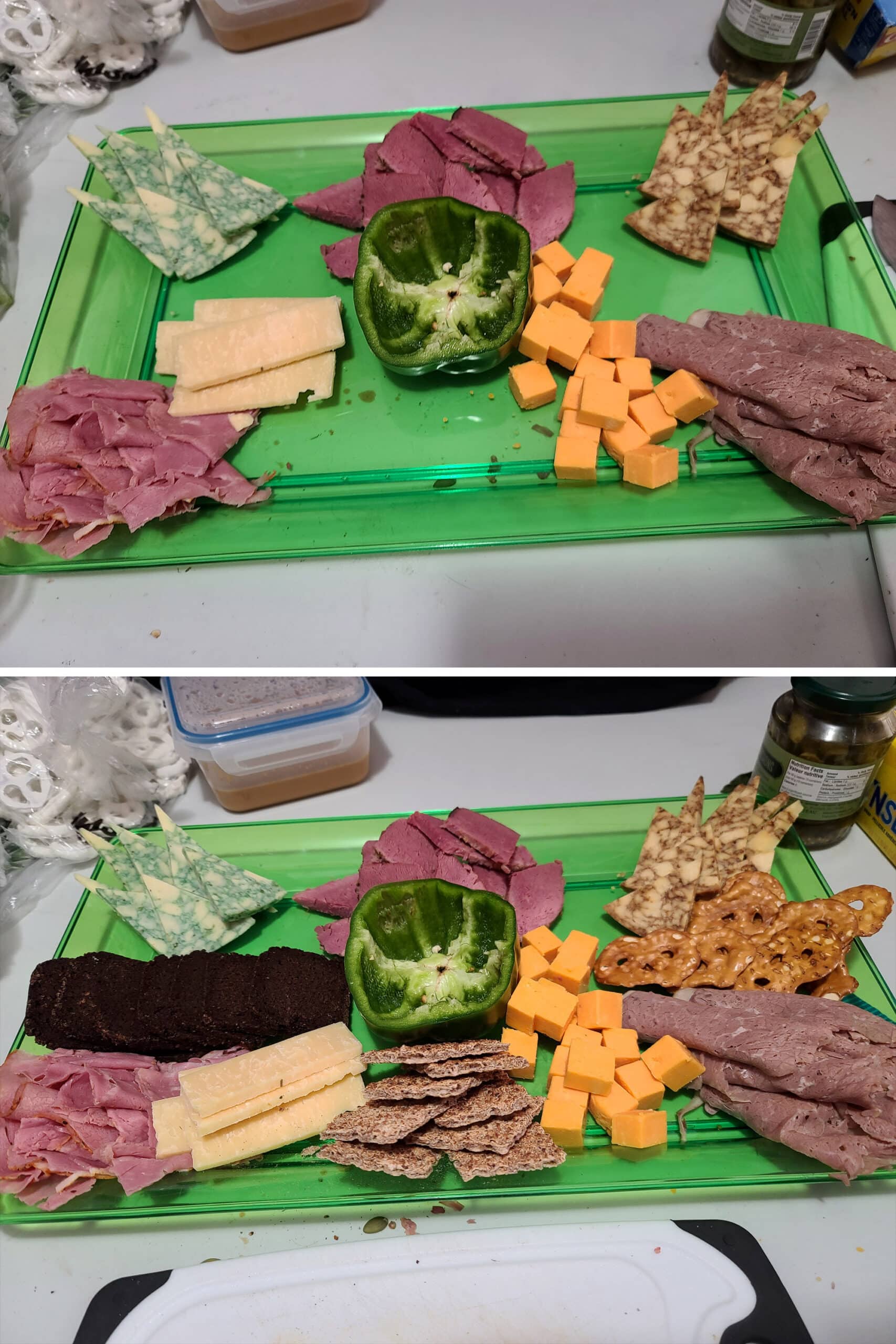 2 part image showing the meats, cheeses, and green pepper dip bowl being arranged on a green plastic serving tray.