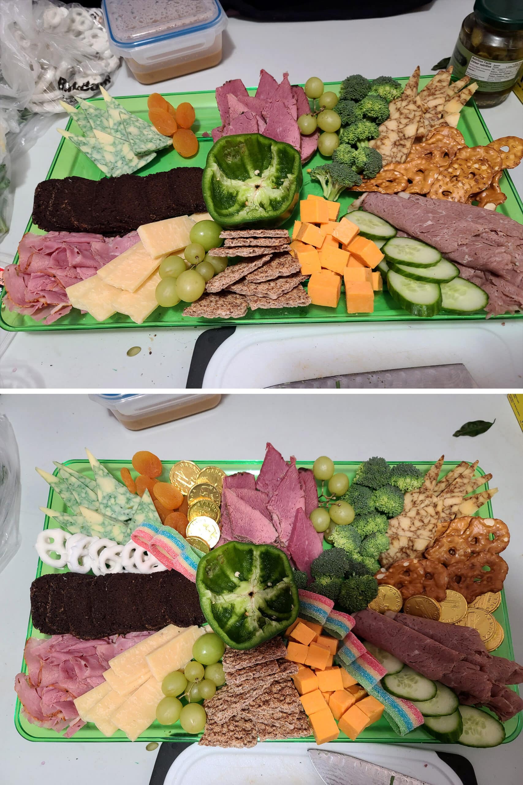 2 part image showing the crackers, produce, pretzels, and dried apricots being arranged on the St. Patrick's Day charcuterie tray.