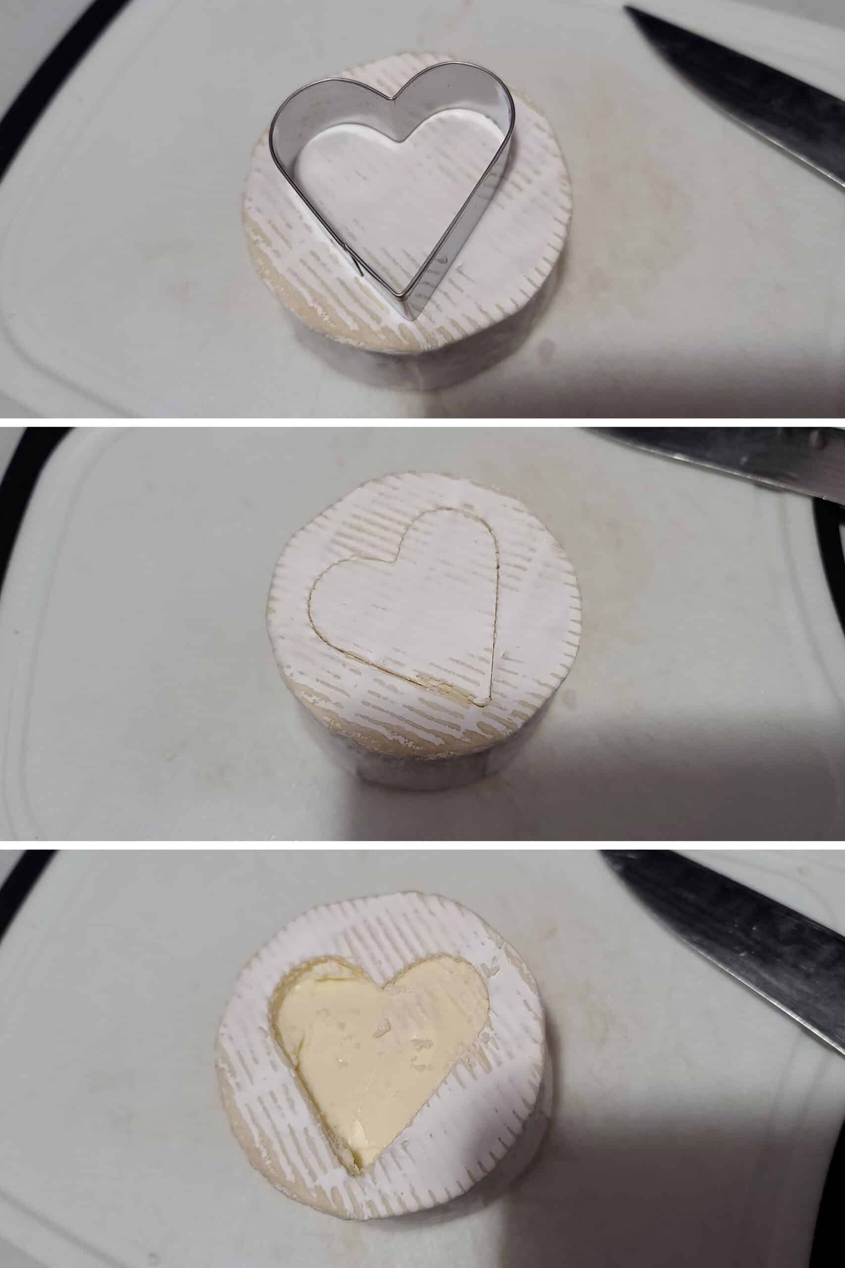 3 part image showing a heart shaped cookie cutter being used to cut a heart shape out of a small wheel of brie.