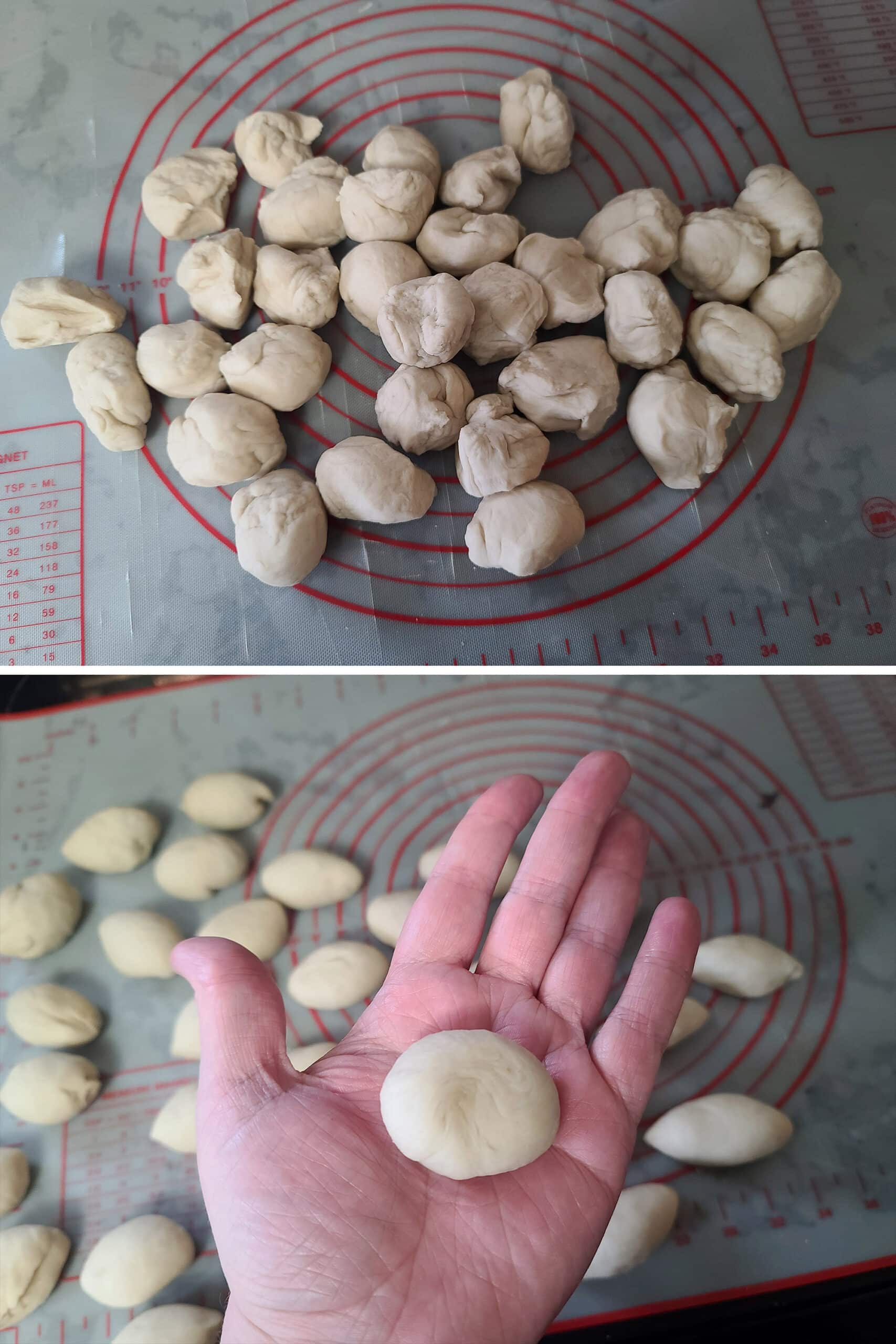 2 part image showing the dough pieces being rolled into an elongated ball.