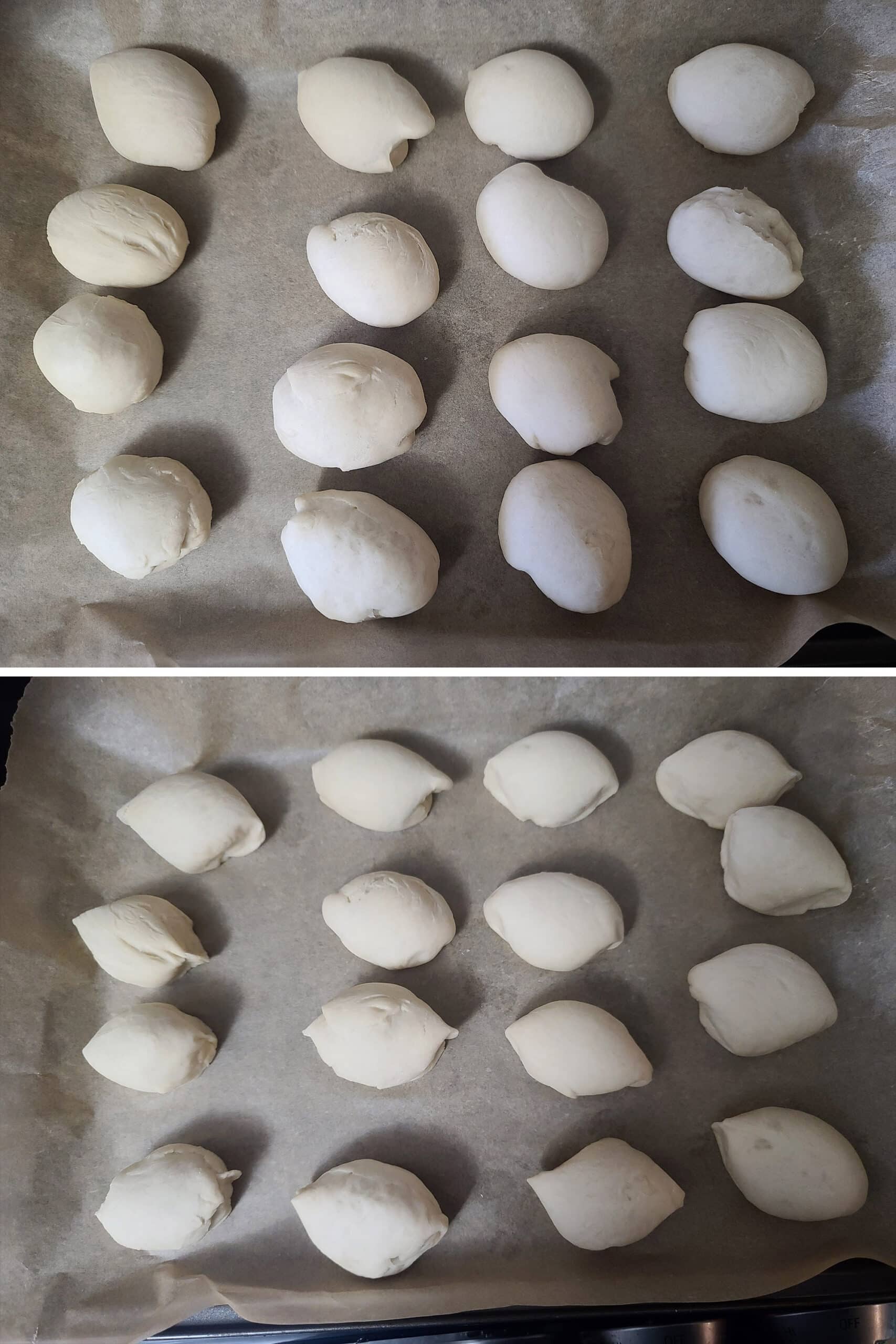 2 part image showing the dough pieces after the rise, and after the ends being tidied up.