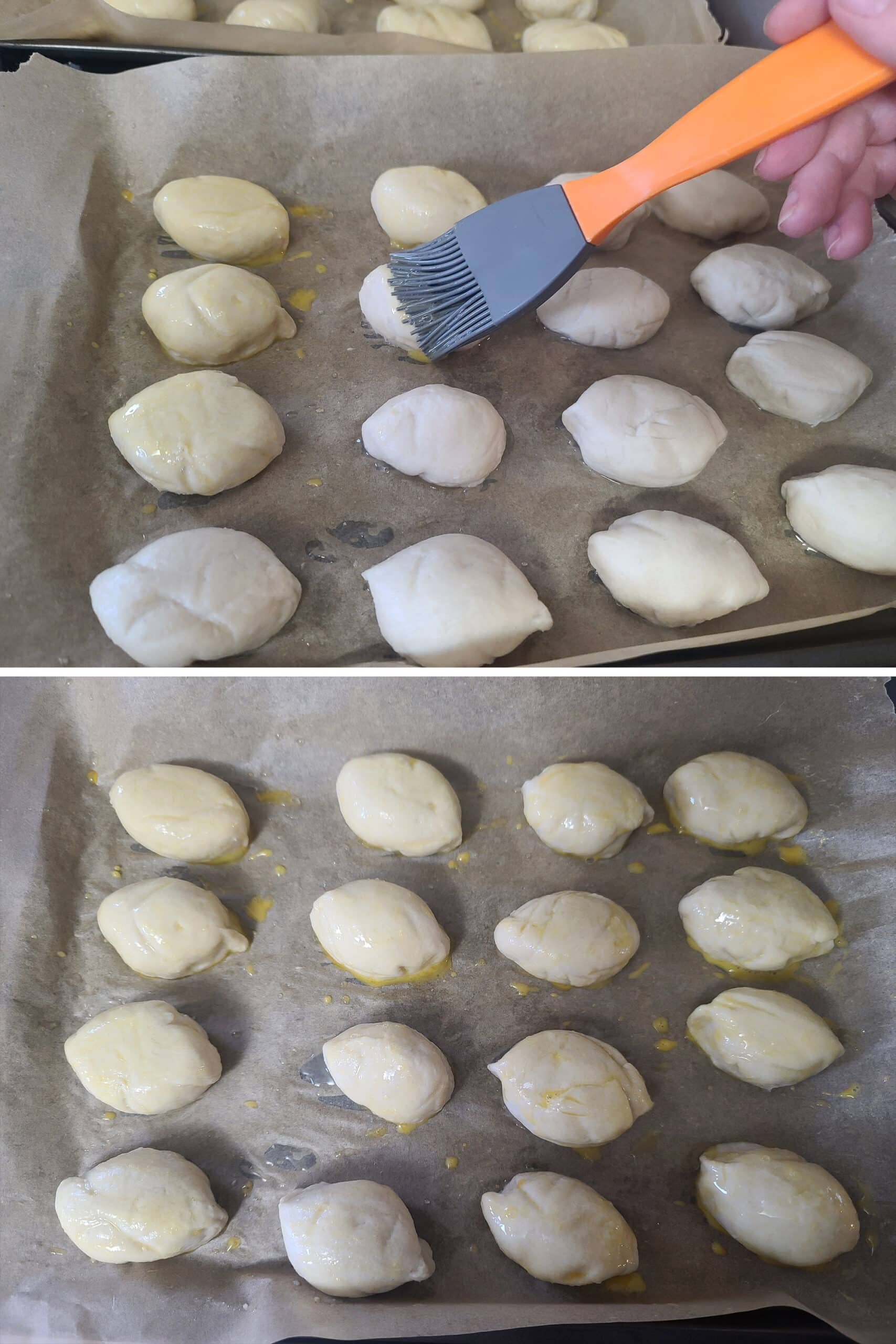 2 part image showing the boiled pretzel bites being brushed with egg wash.