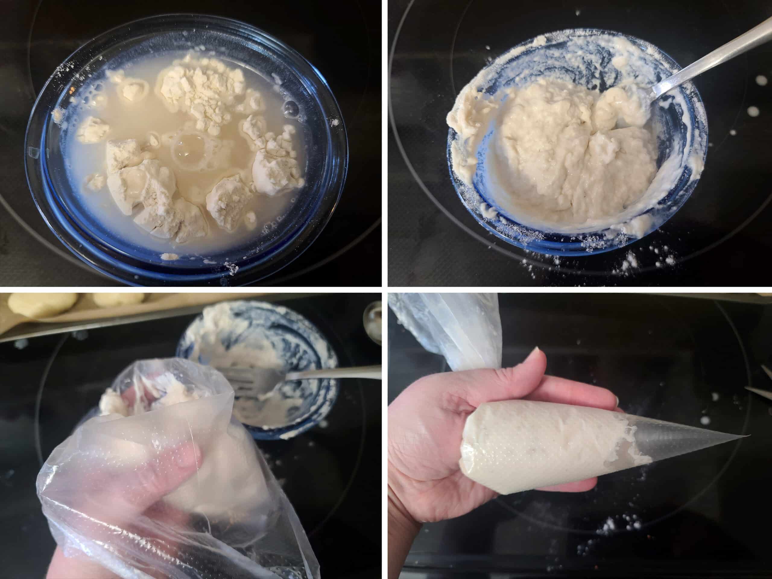 4 part image showing the flour and water being mixed and spooned into a disposable pastry bag.