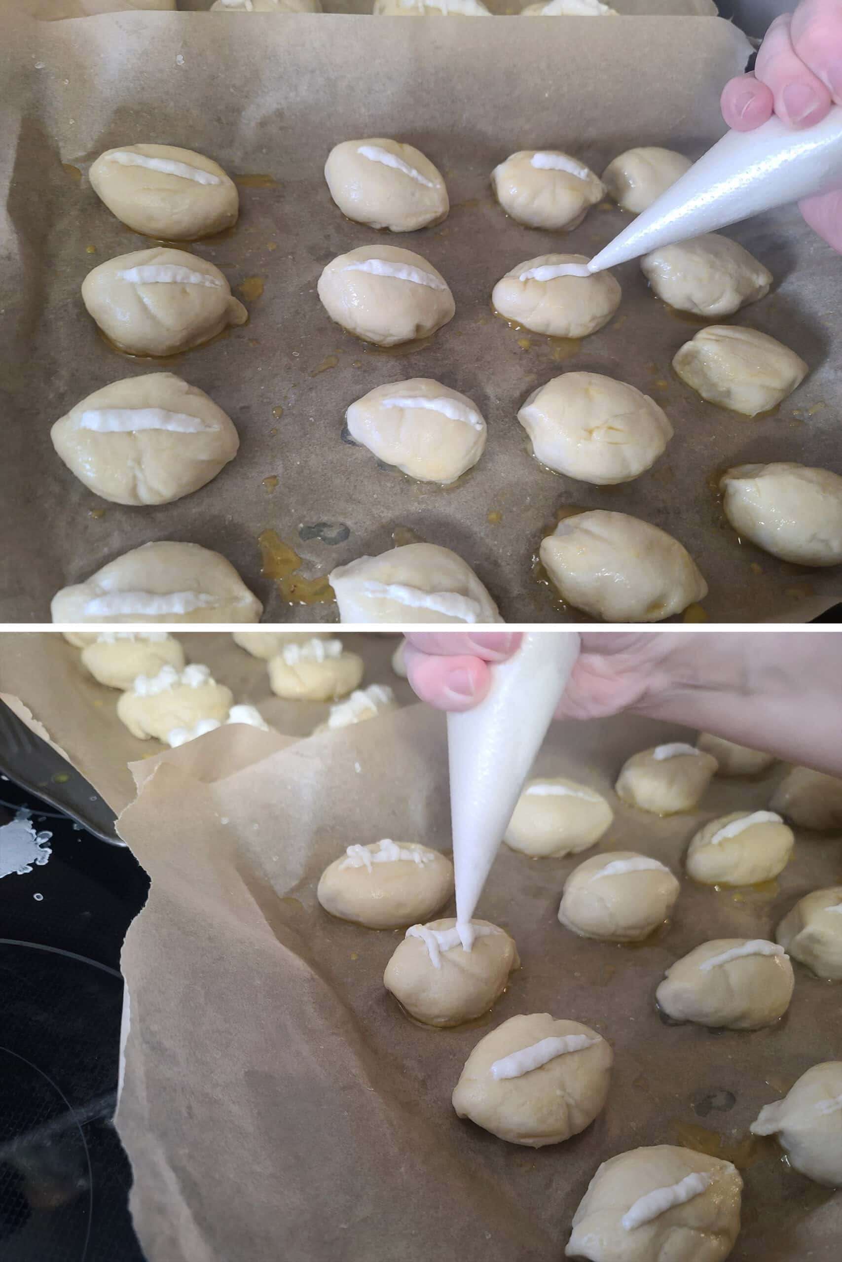 2 part image showing the flour mixture being piped on each pretzel bite, to look like football laces.