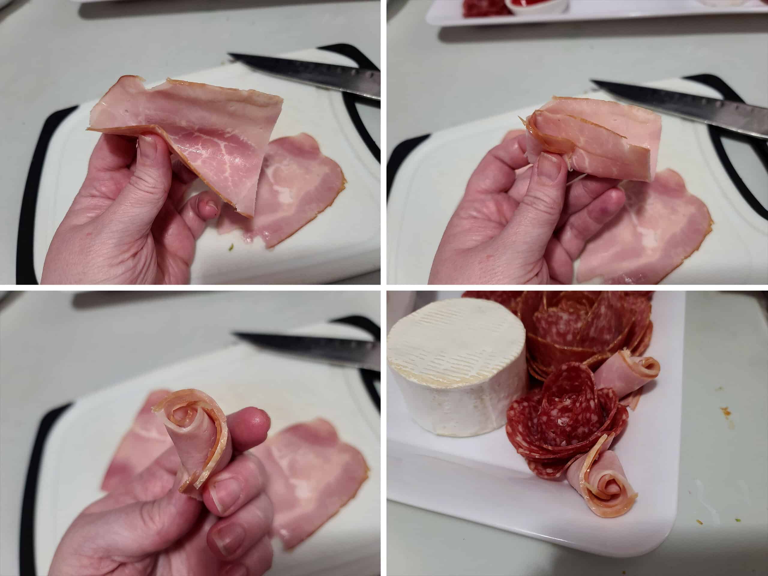 4 part image showing small pieces of ham being rolled into rosebud shapes.