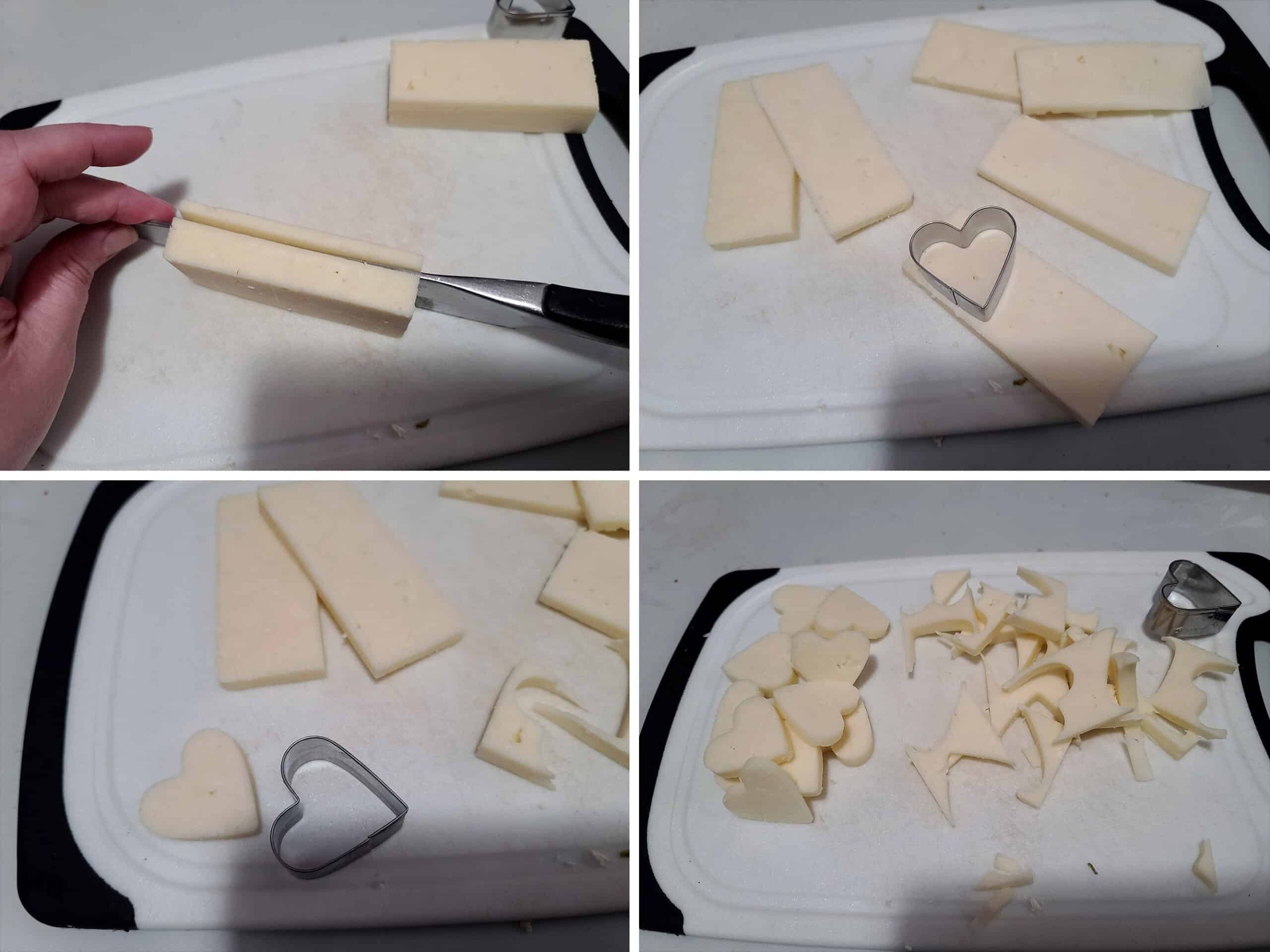 4 part image showing a white cheese being sliced, then cut into heart shapes with a cookie cutter.