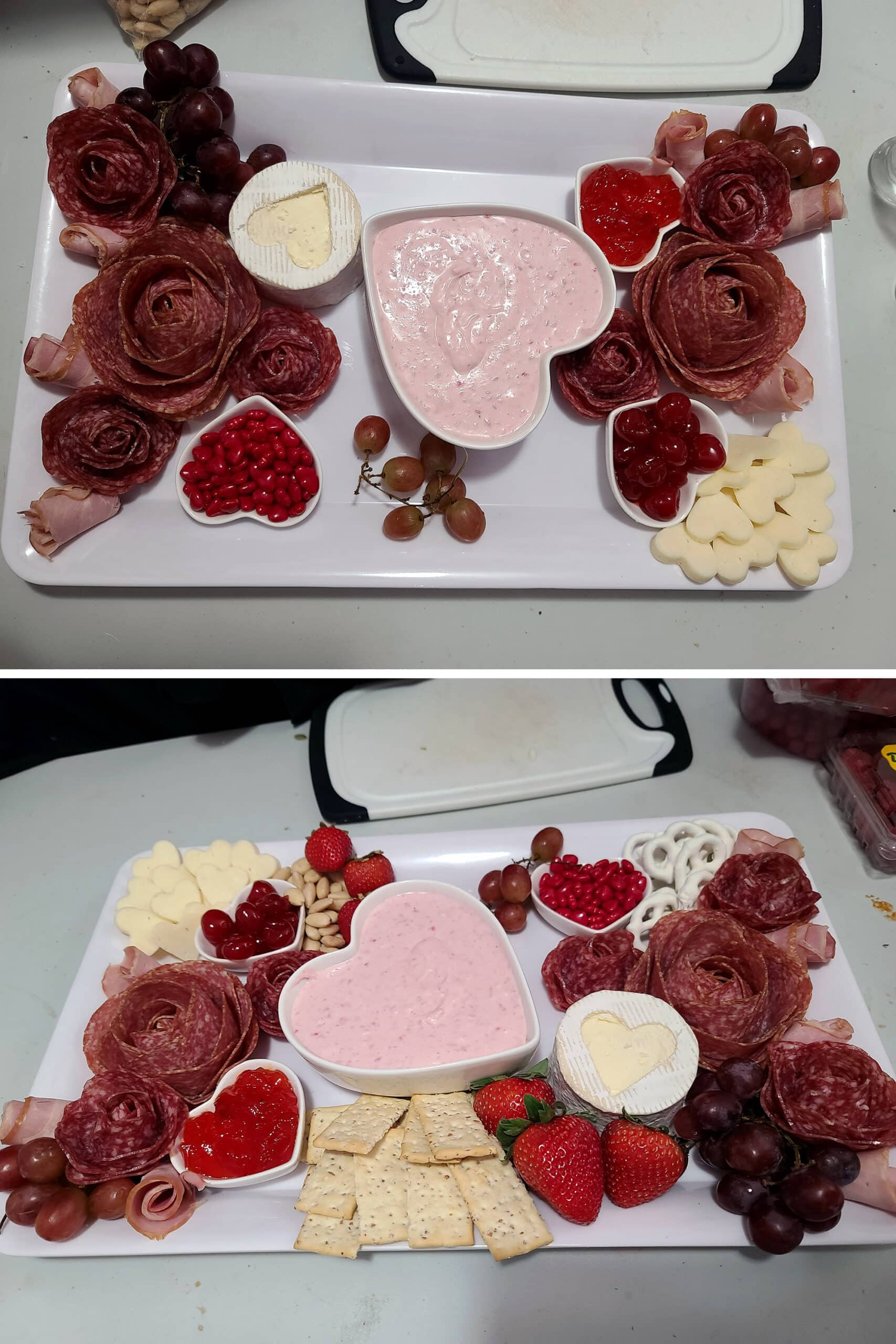 Progress shots of a valentine’s day charcuterie board, with meats, cheeses, and fruit placed.