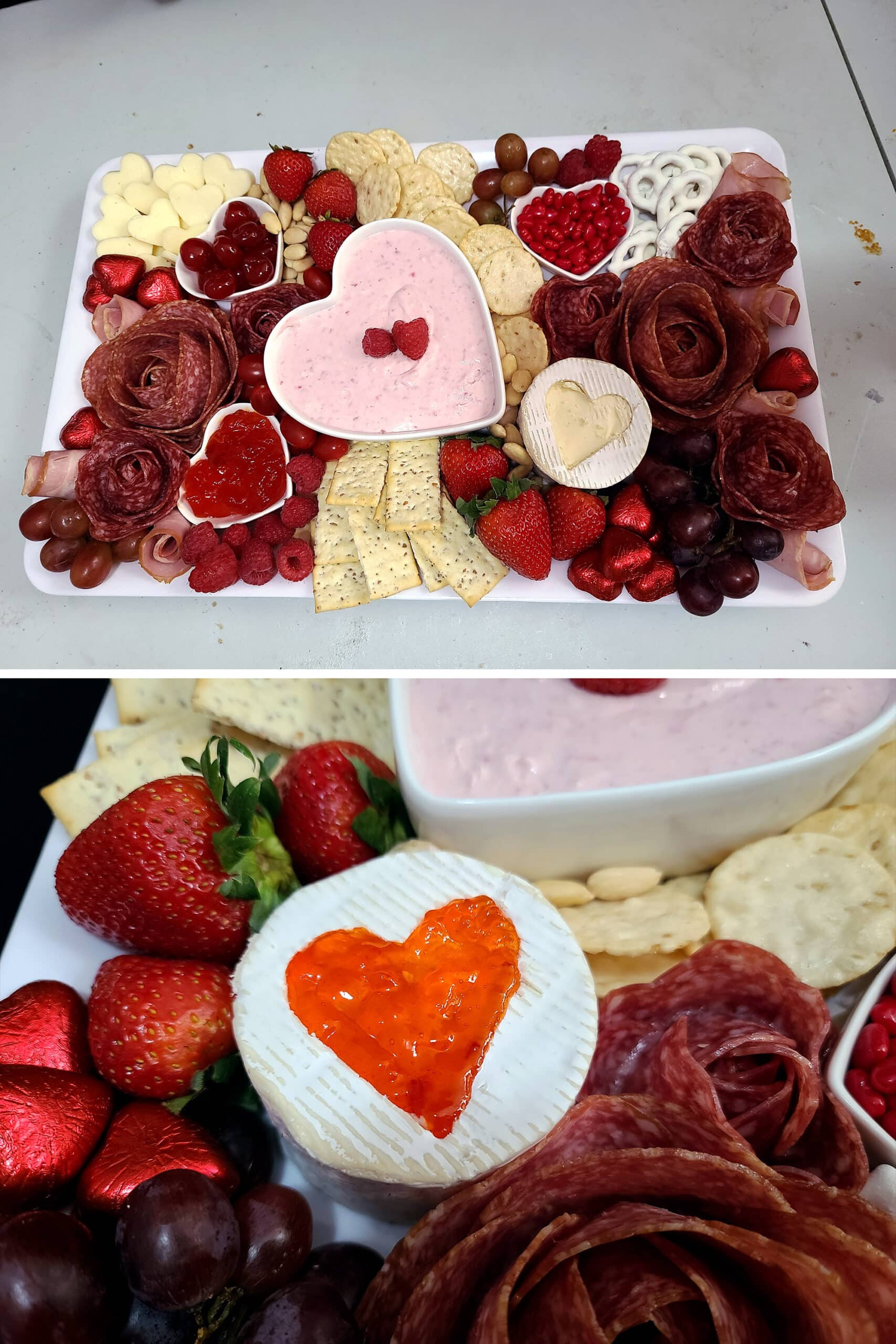 2 part image showing final progress on the valentines charcuterie board, with spaces filled in by crackers, chocolate, and more.