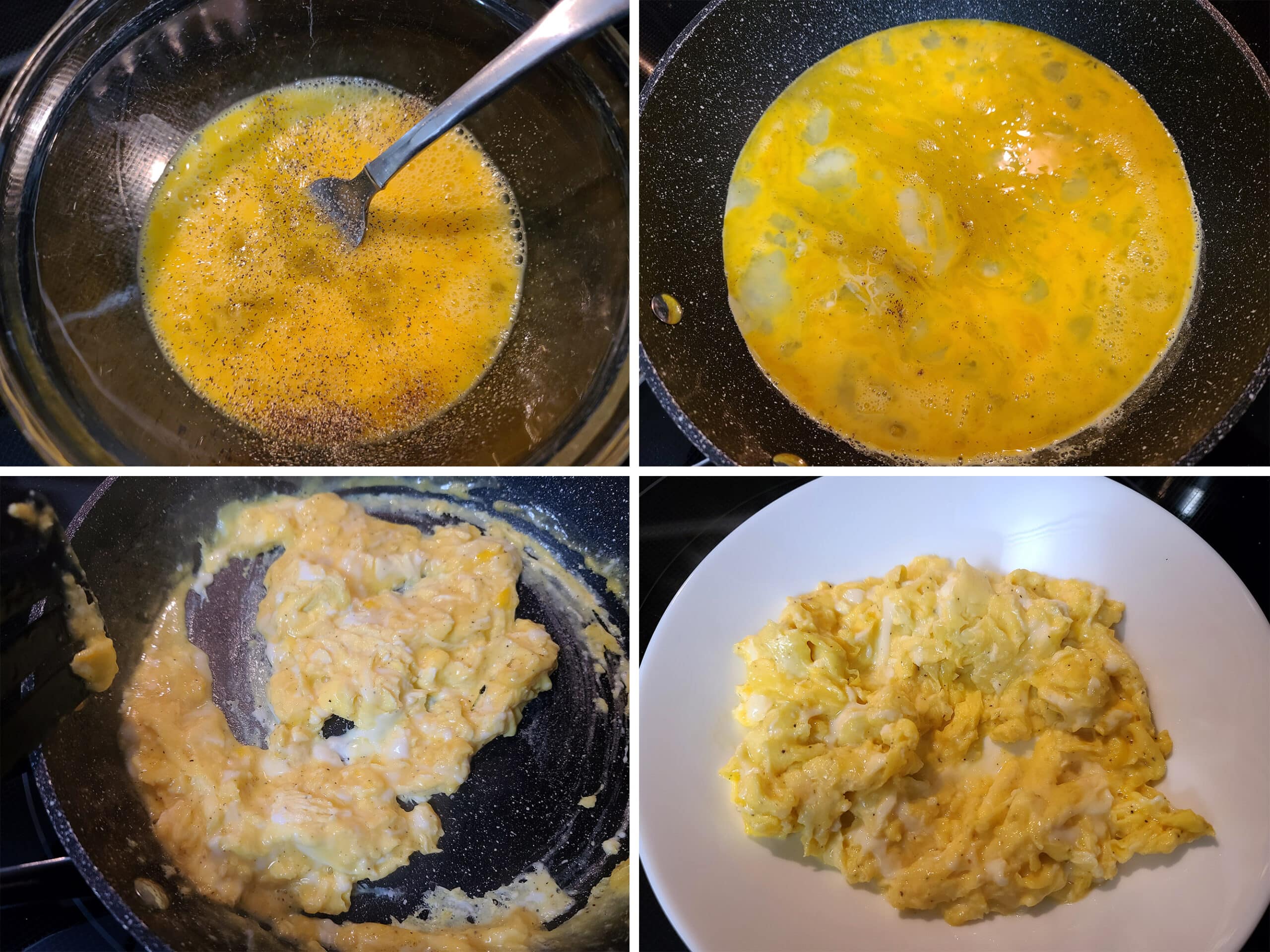 4 part image showing eggs being whisked, seasoned, and scrambled in a pan.