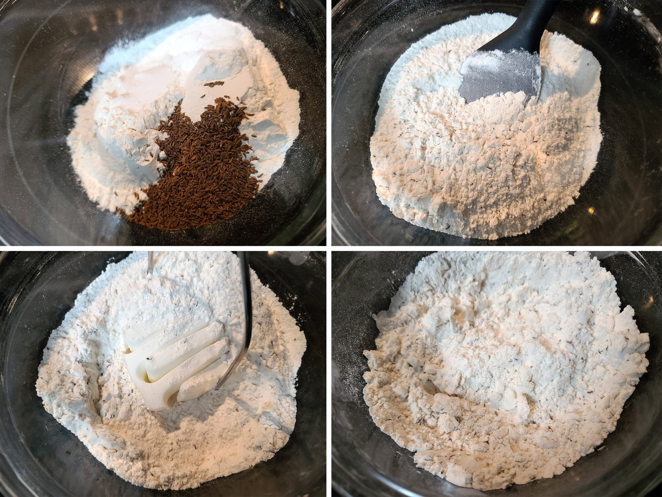 4 part image showing the dry ingredients being mixed together, then the lard cut in with a potato masher.