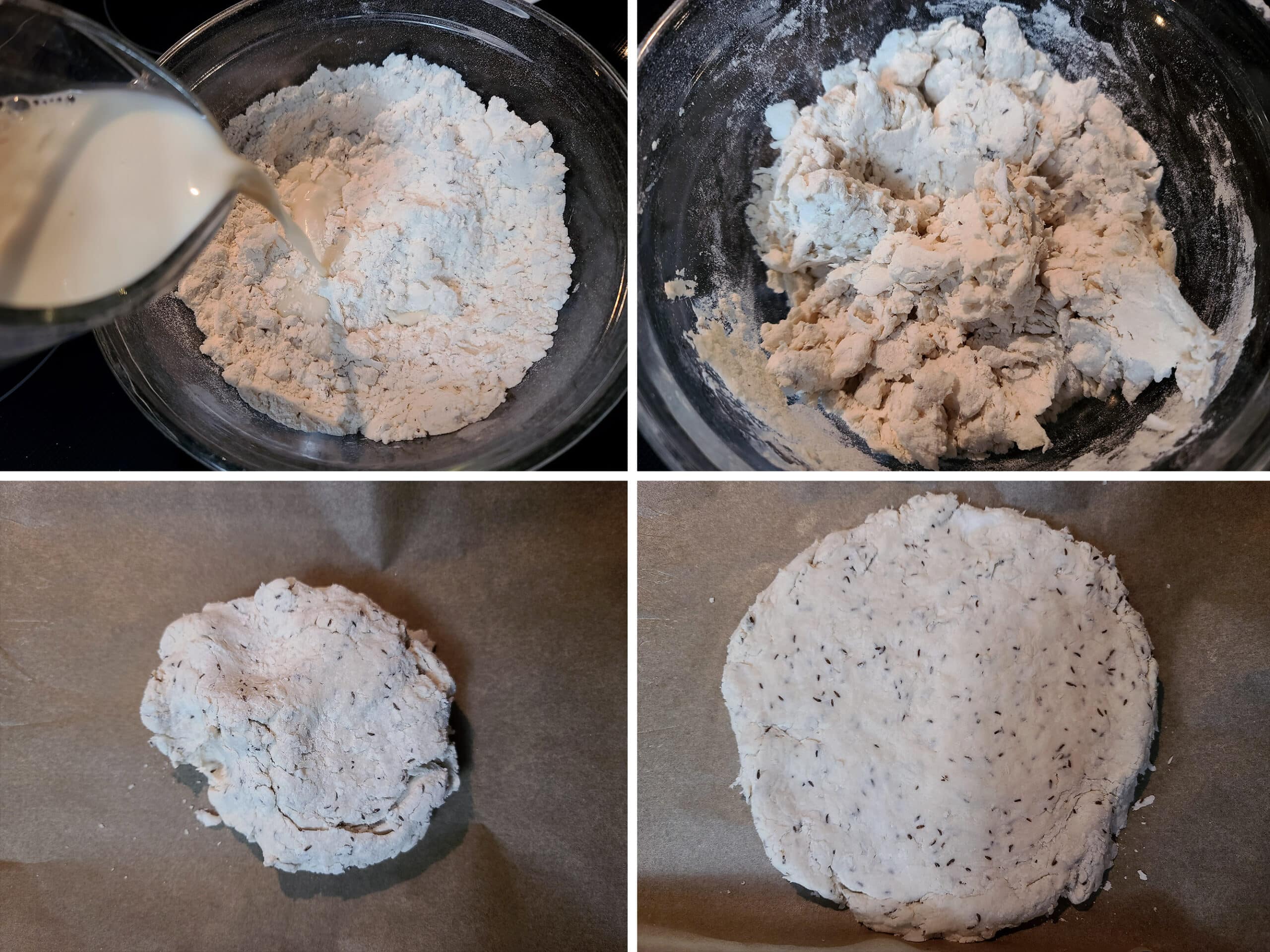 4 part image showing milk being added to the dry ingredients and mixed into a loose dough, and that dough formed into a circle on a parchment lined pan.