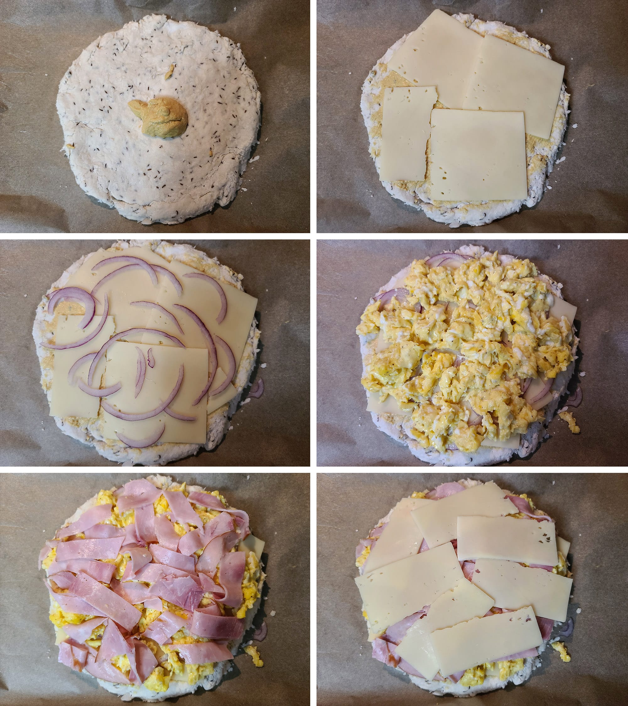 6 part image showing the toppings being layered on the biscuit crust.