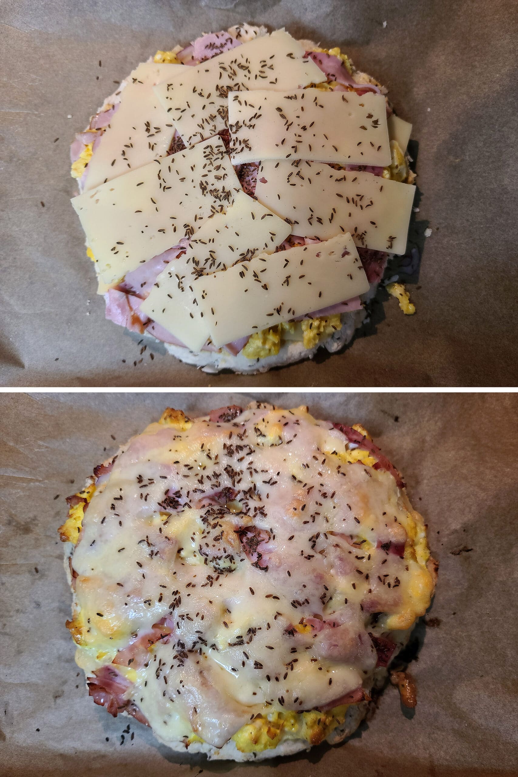 2 part image showing the breakfast pizza now topped with caraway seeds, before and after baking.