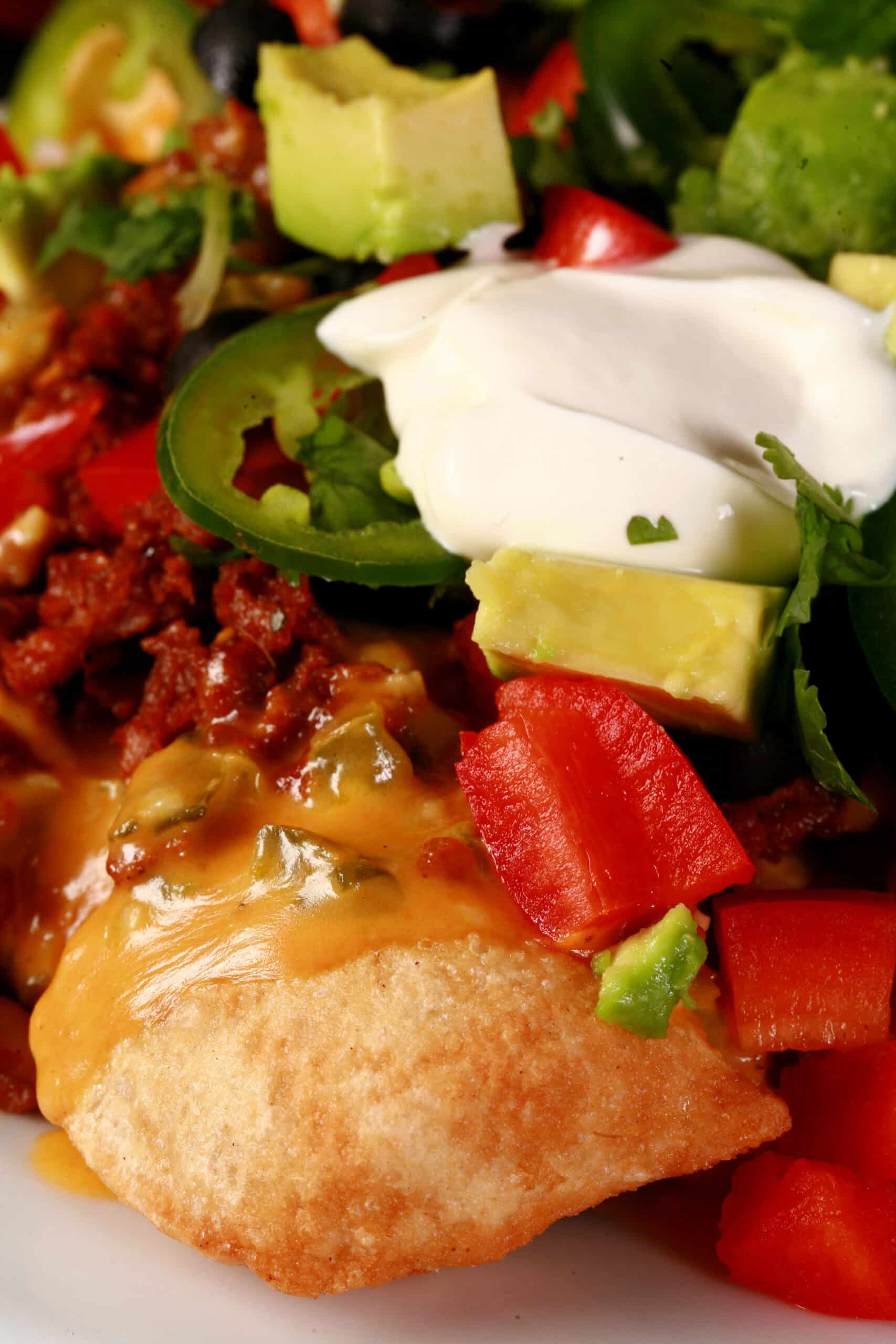 A plate of loaded pierogi nachos - deep fried perogies topped with jalapeno cheese sauce, nacho meat, and other toppings.