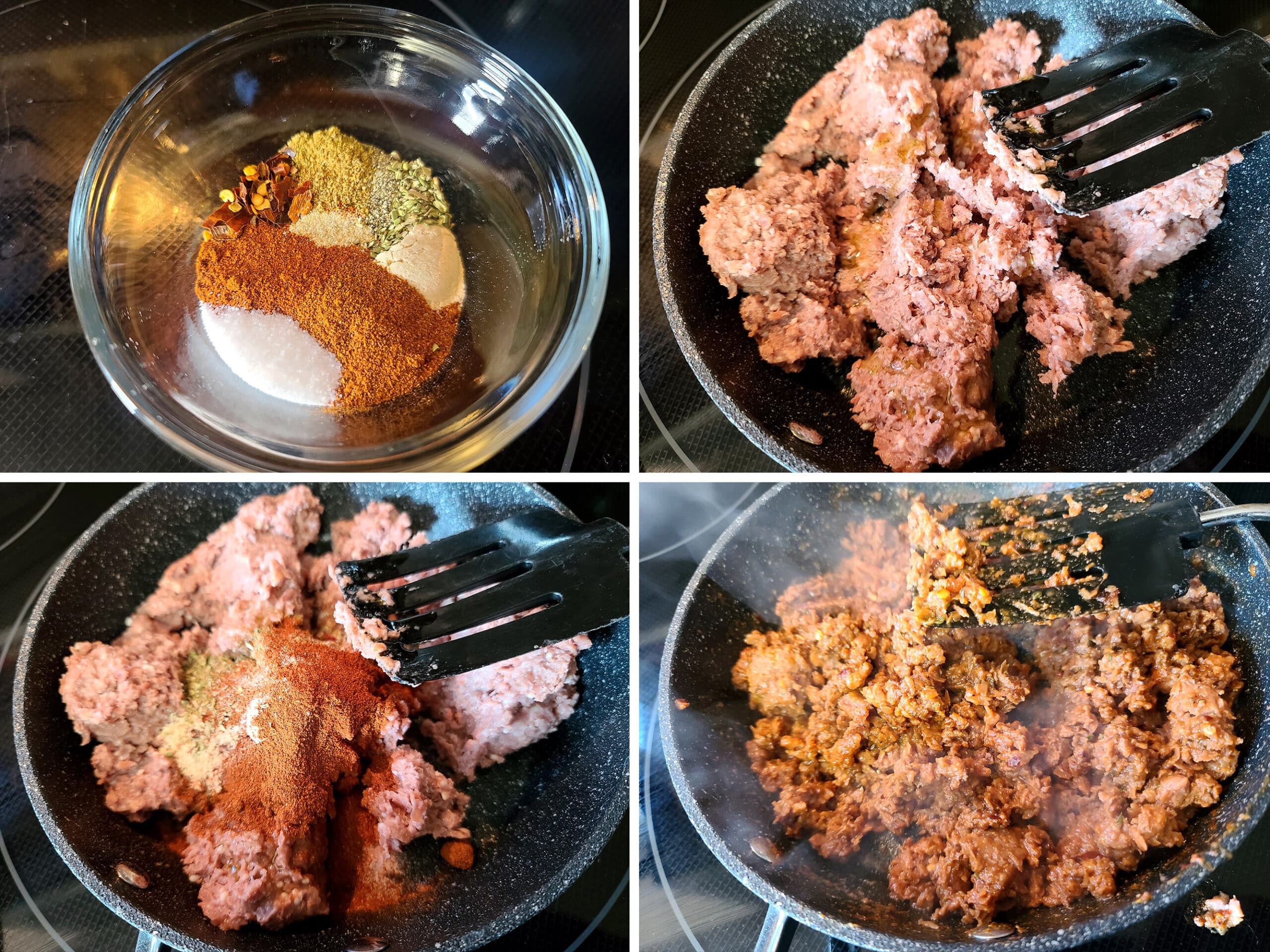 4 part image showing the spices measured into a bowl, and the taco meat being cooked up.