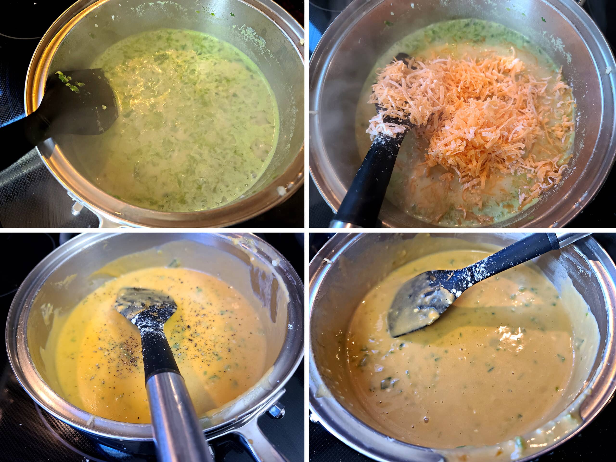 4 part image showing the cheese and cornstarch being added to the pot, stirred in, and seasoned.