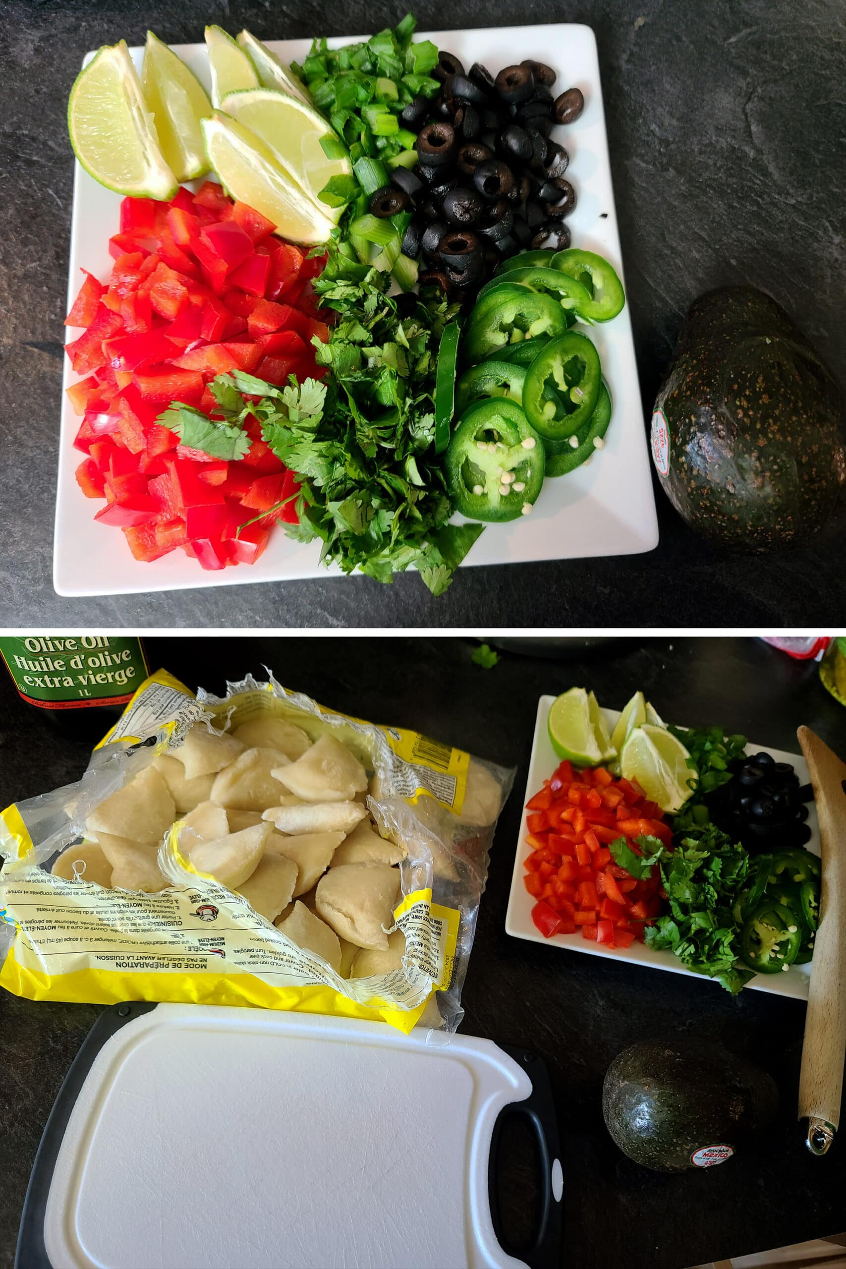 A plate of prepared nacho toppings next to a bag of perogies and a cutting board with an avocado on it.