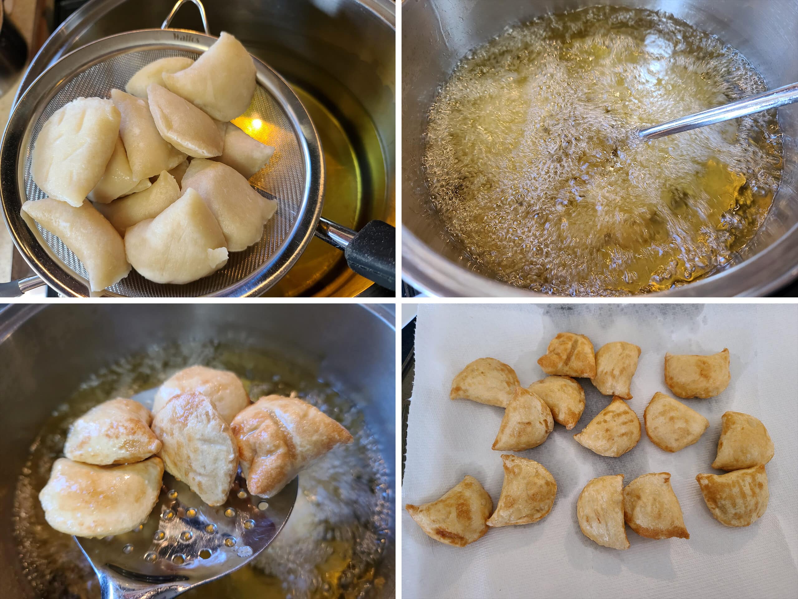 4 part image showing the thawed perogies being deep fried, drained, and blotted with paper towels.