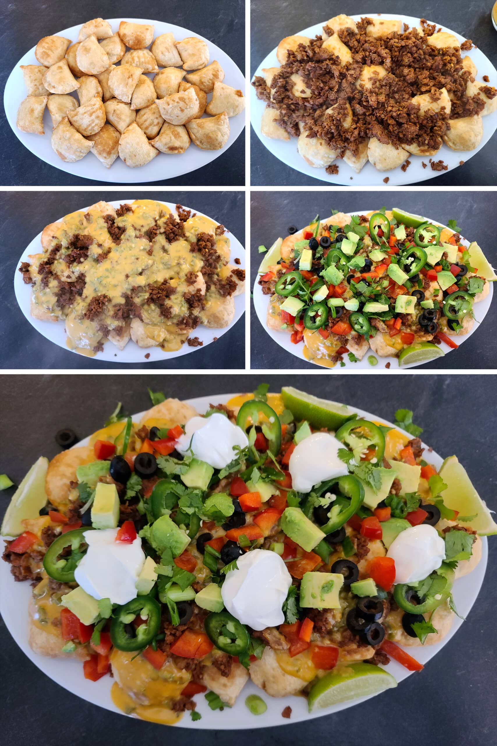 5 part image showing the fried perogies on a platter, being topped with taco meat, cheese sauce, and the nacho toppings.