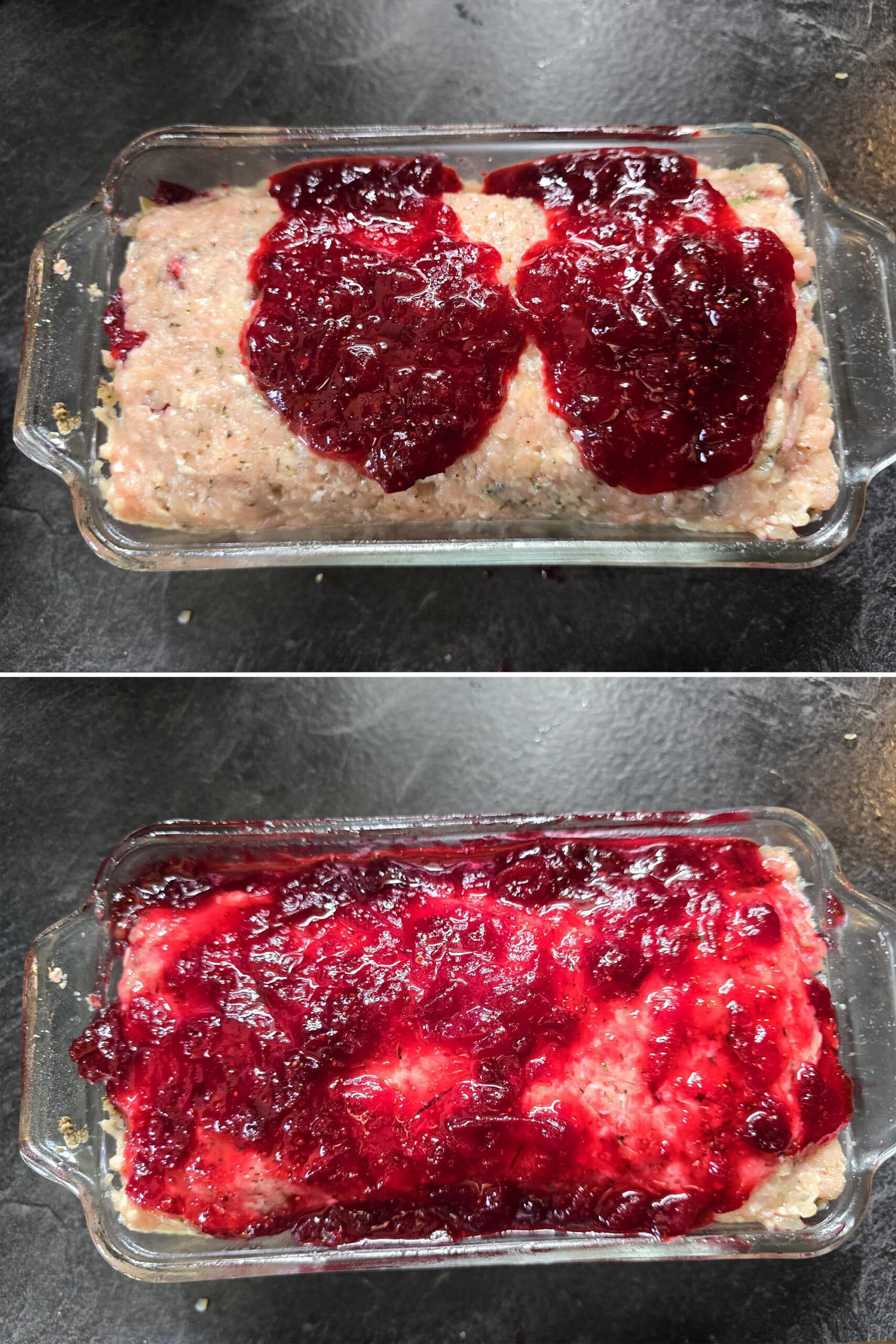 2 part image showing cranberry sauce spooned onto the unbaked thanksgiving meatloaf, then brushed to coat the entire top of it.