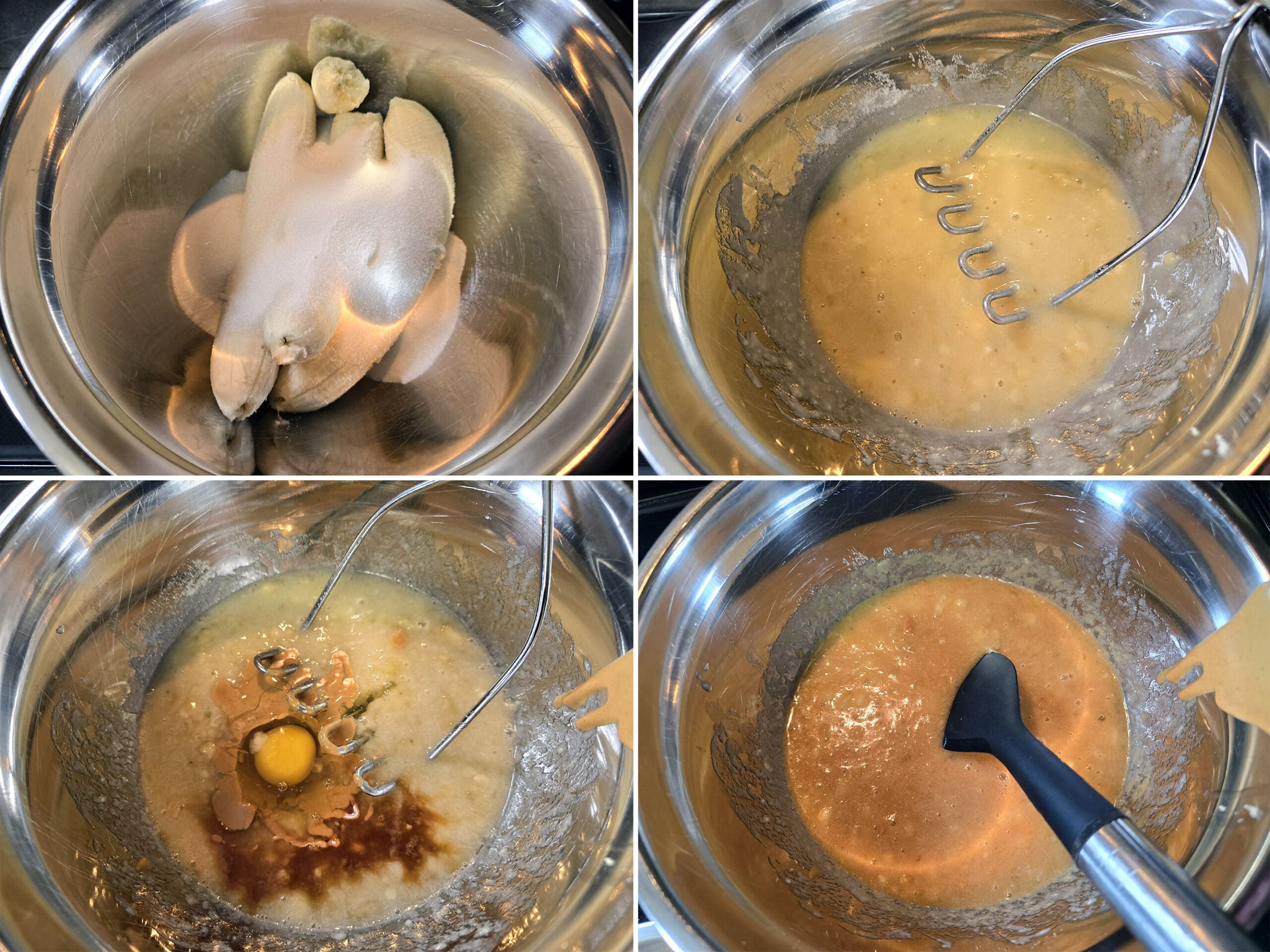 4 part image showing the bananas and sugar being mashed, then the eggs, peanut butter, and vanilla stirred in.