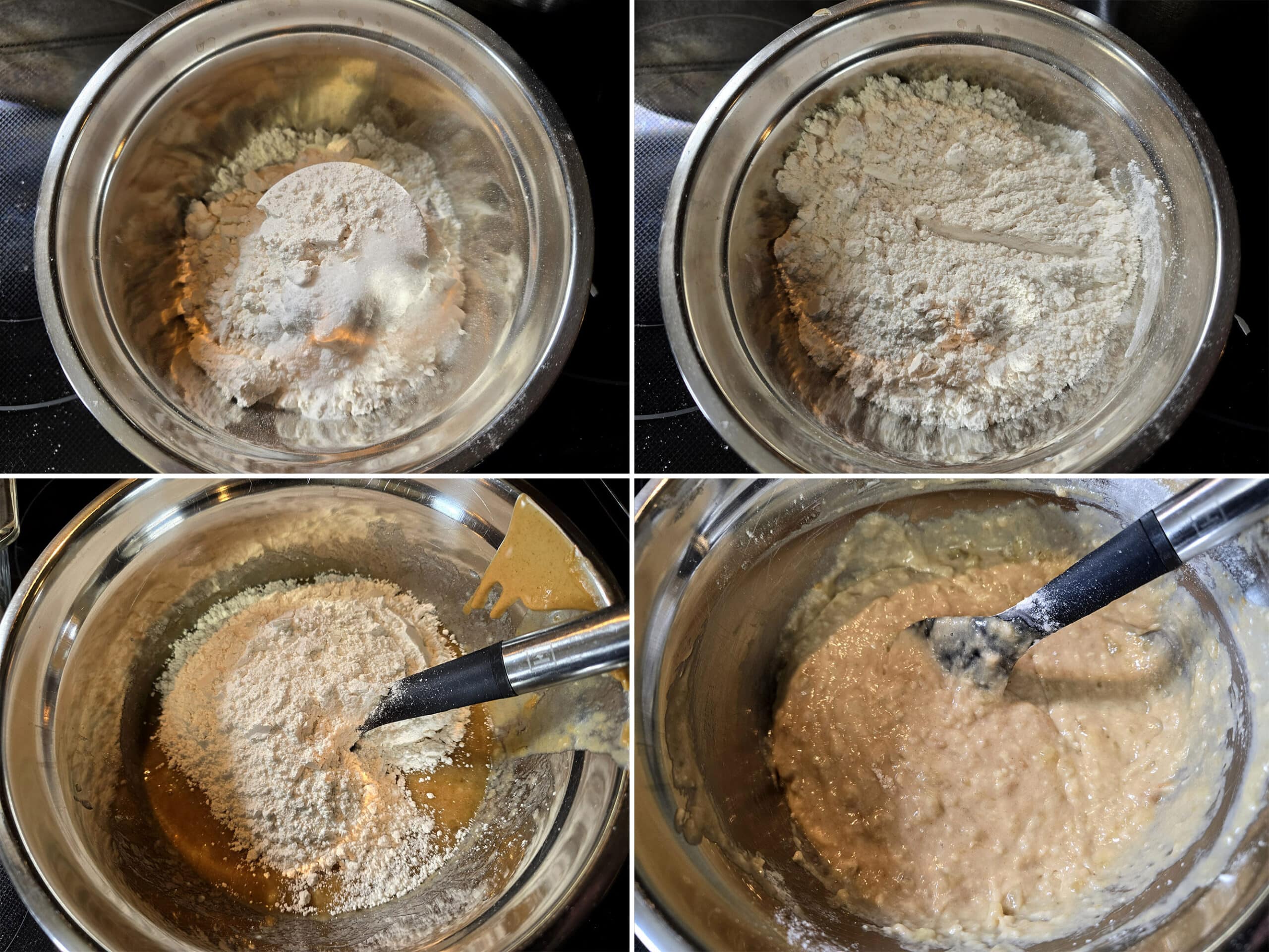 4 part image showing the dry ingredients being mixed in a small bowl, then stirred into the wet ingredients.