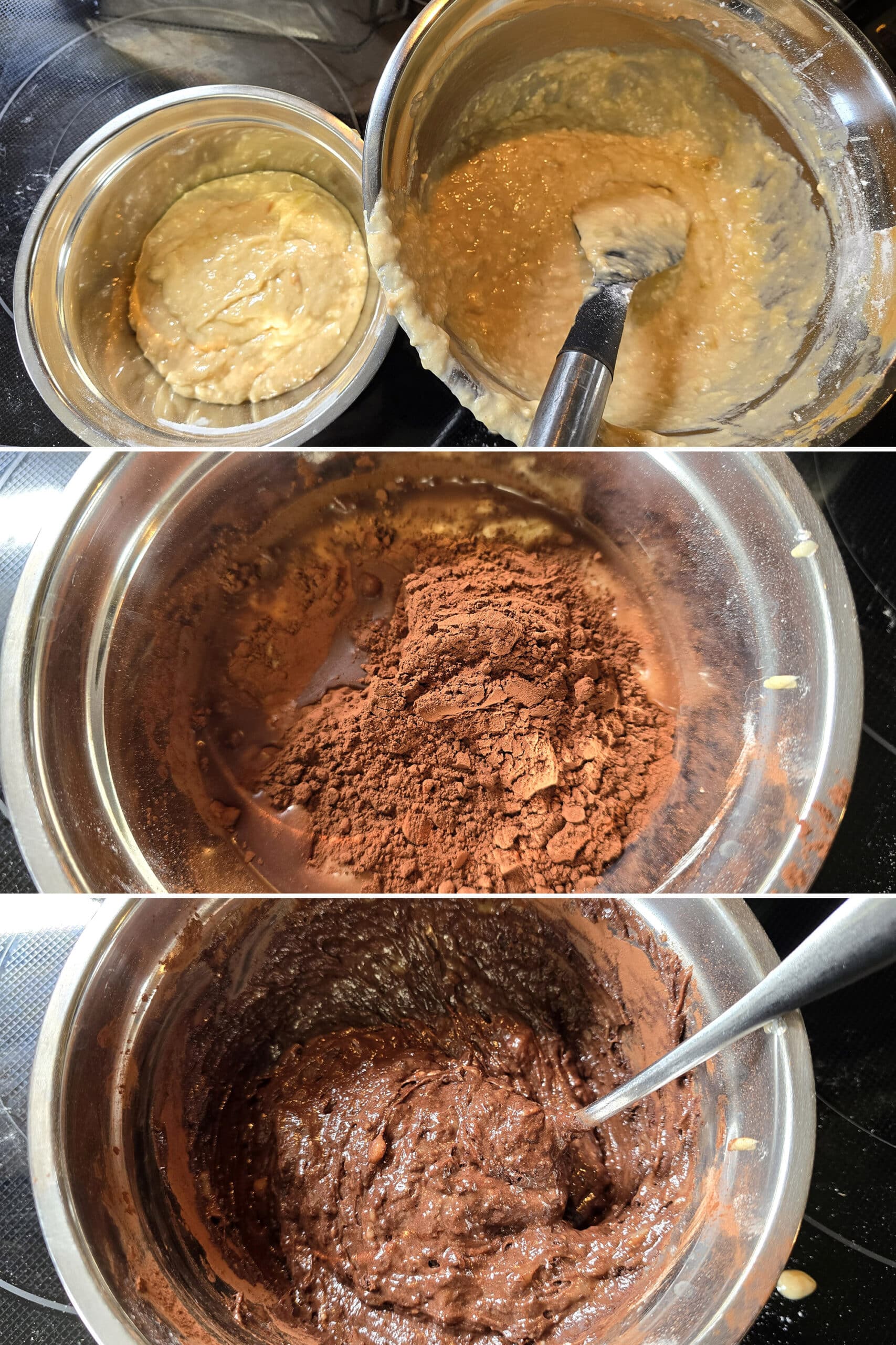 3 part image showing the peanut butter banana bread batter being divided into 2 bowls, and cocoa powder being mixed into one.