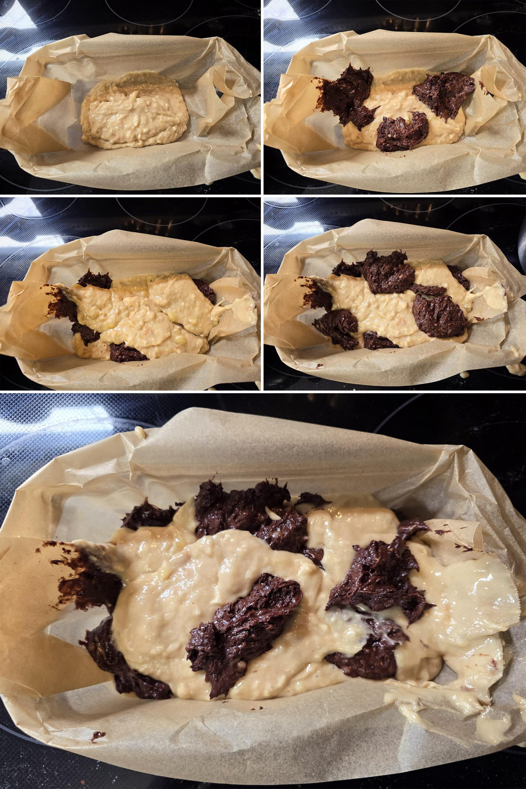 5 part image showing the batter being added to the pan in alternating scoops.