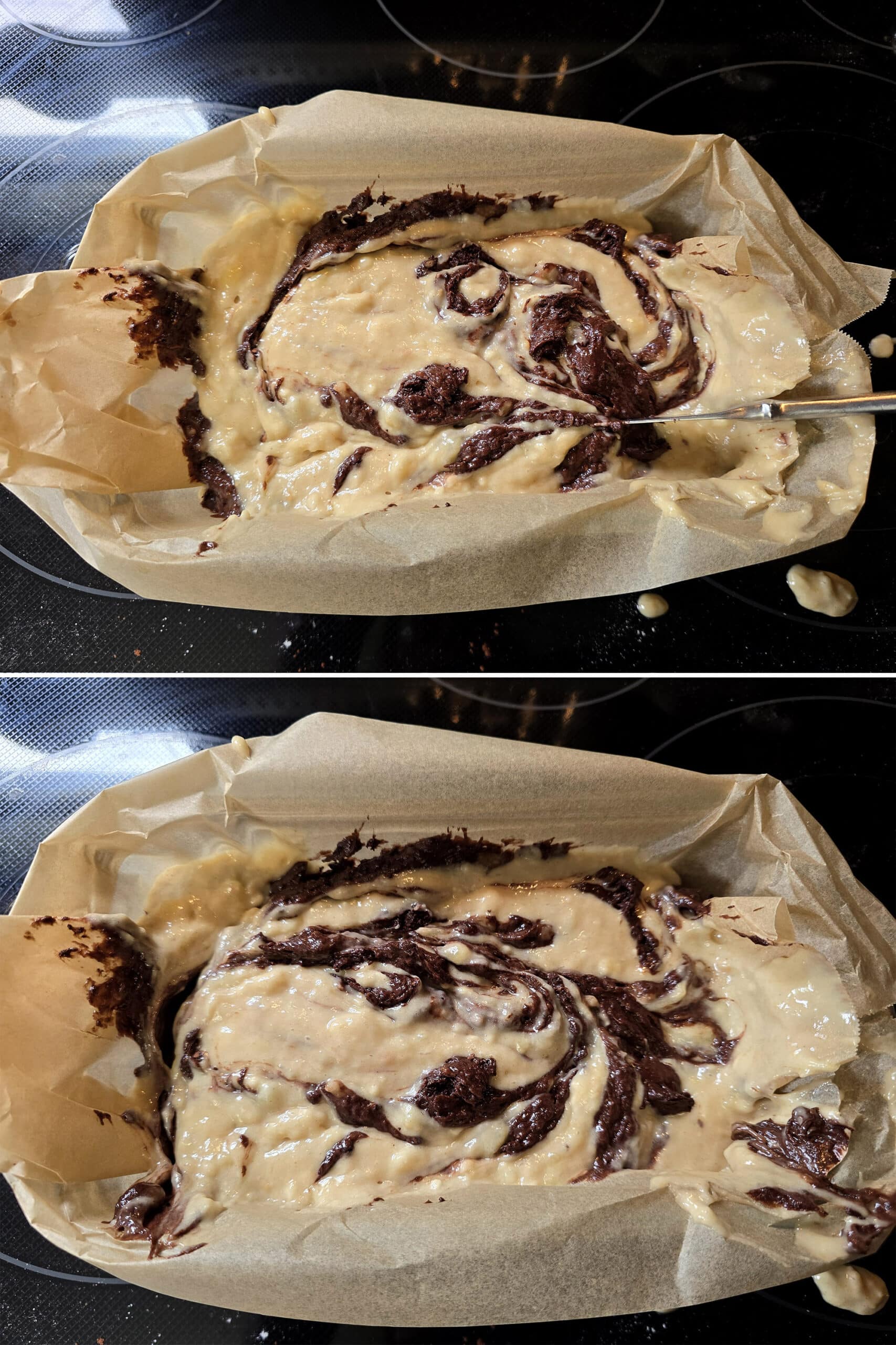 2 part image showing the peanut butter and chocolate banana bread batter being marbled with a knife.