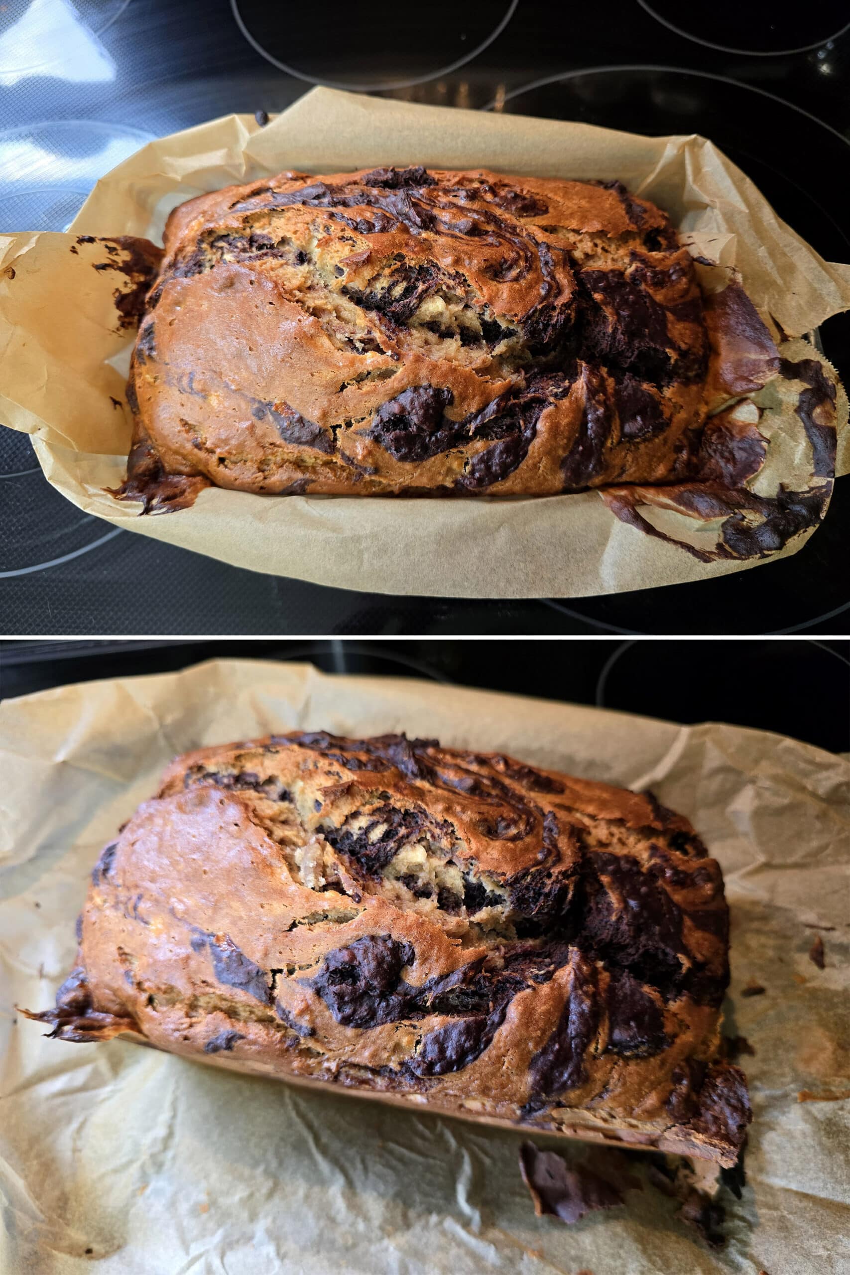 2 part image showing the baked loaf of chocolate peanut butter marbled banana bread, before and after being removed from the pan.