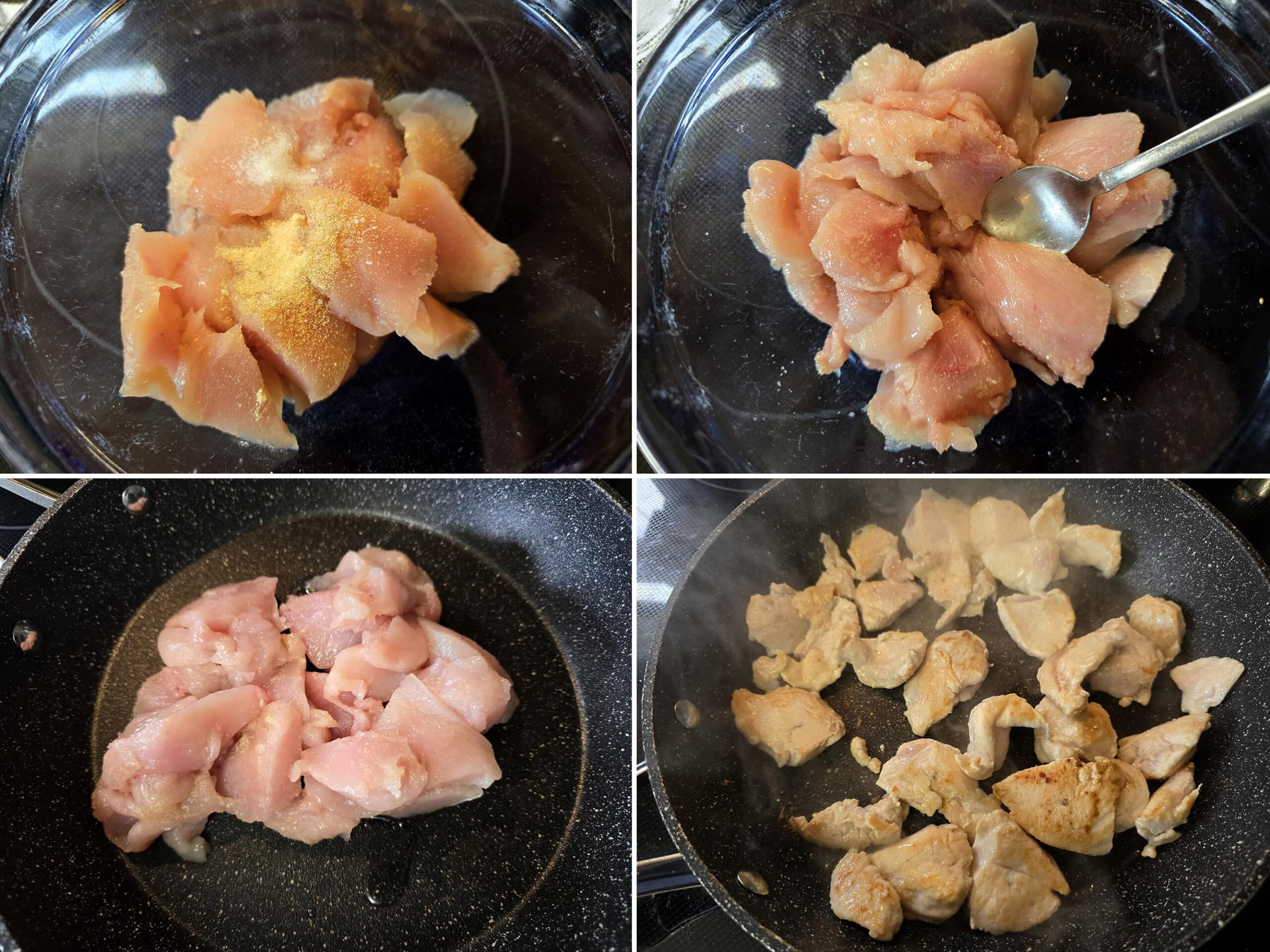 4 part image showing the chopped chicken being seasoned and browned.