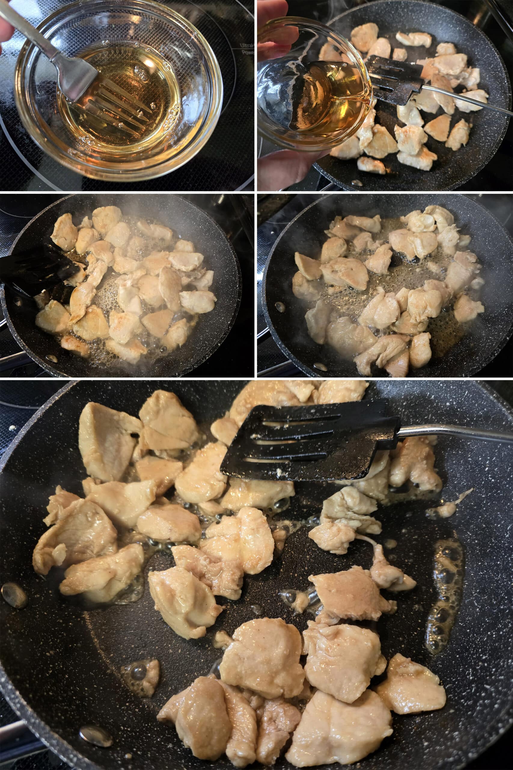 5 part image showing the white balsamic glaze being added to the pan and cooked down.