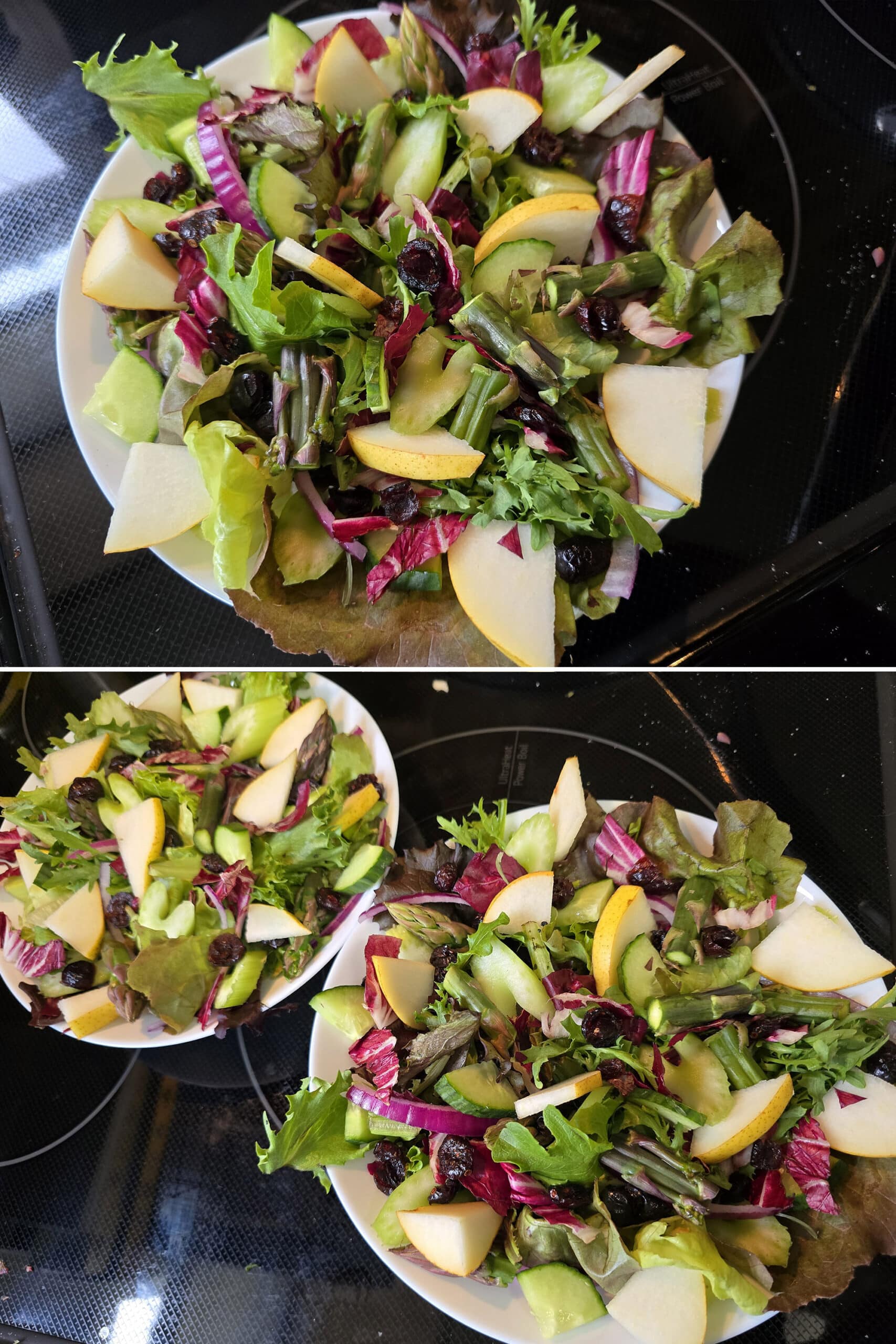 2 part image showing the salads being assembled.