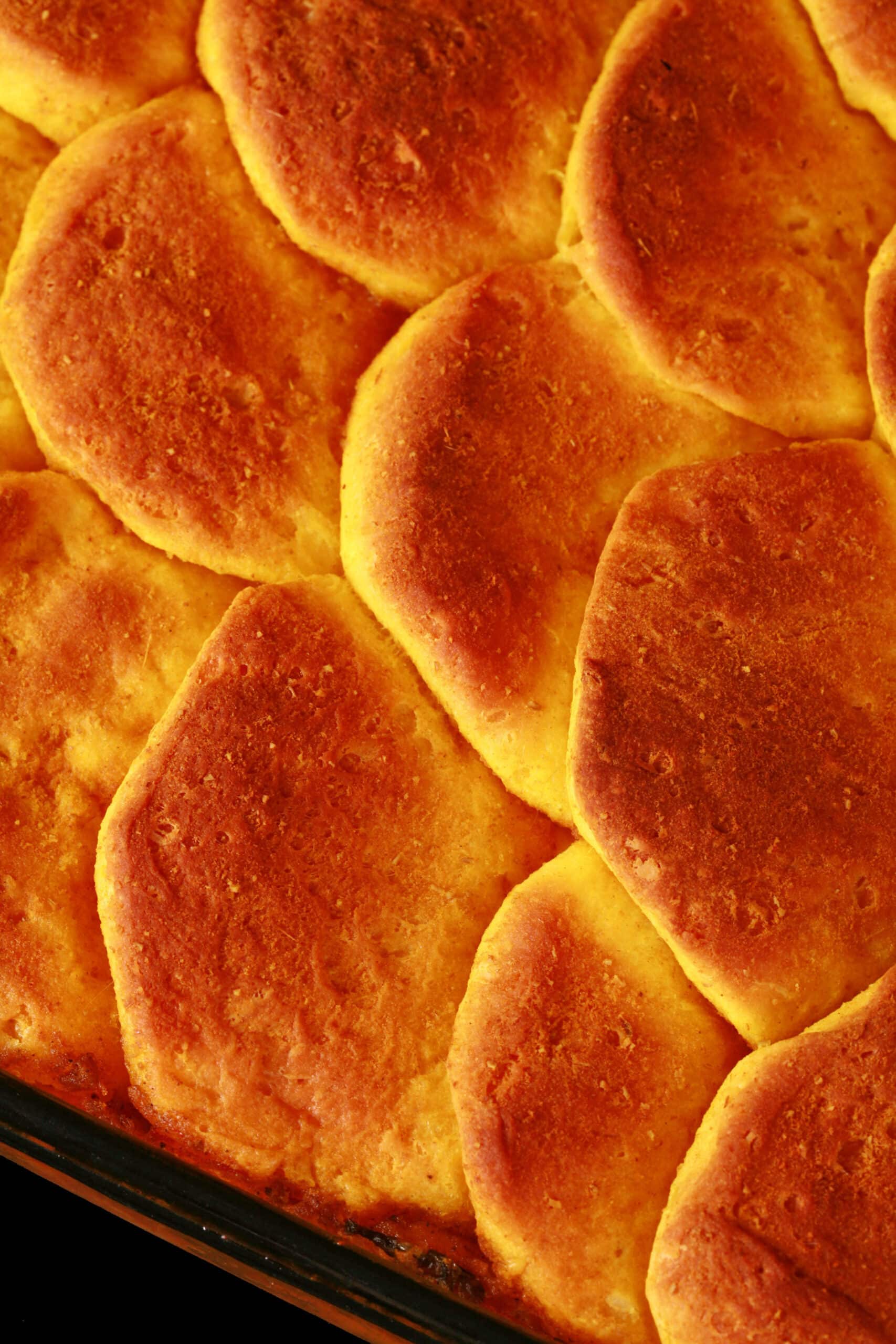 A serving of doubles casserole - a carribean inspired hotdish with a spiced chickpea and potato filling, topped with spiced butter brushed biscuits.