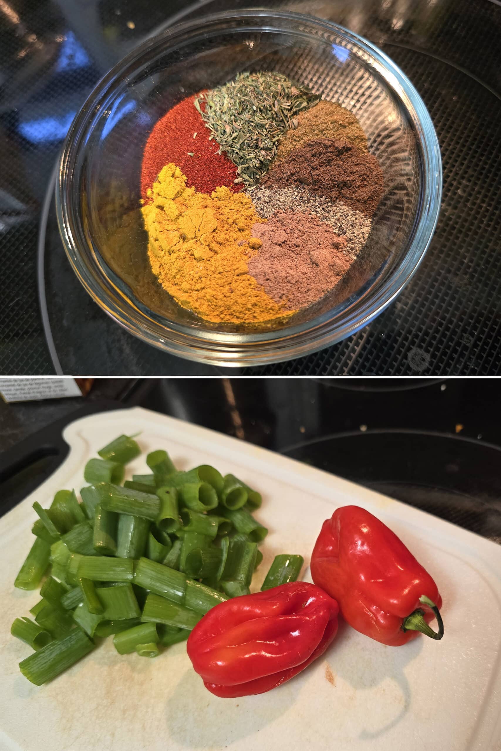 2 part image showing a colourful little glass bowl of spices, and a couple of red scotch bonnet peppers on a cutting board with chopped green onions.