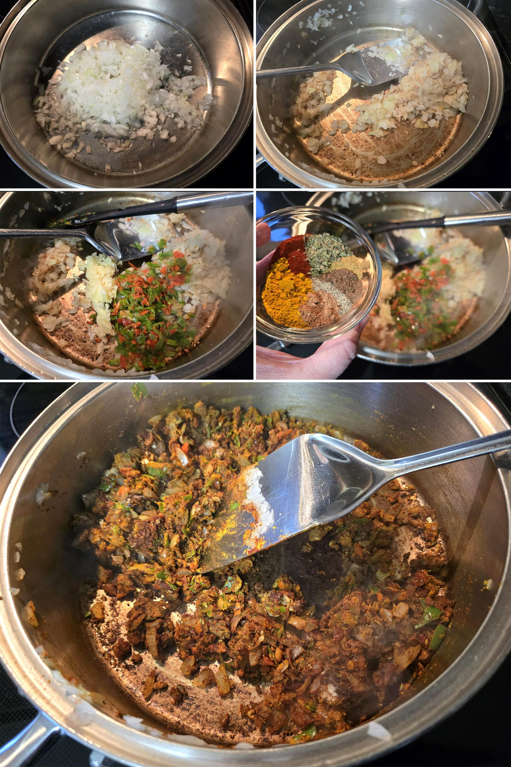 5 part image showing the onions, peppers, green onions, garlic, and spices being cooked in steps.