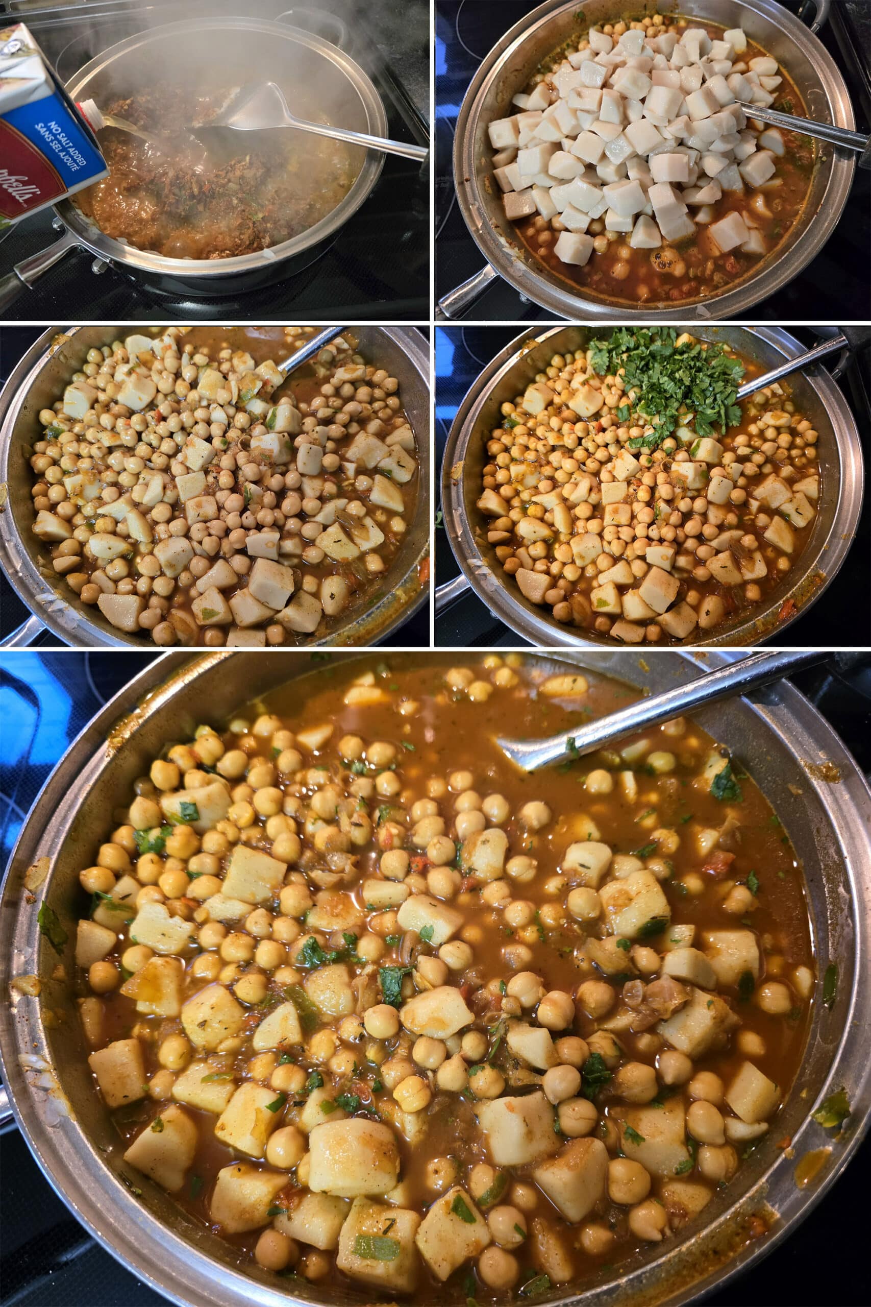 5 part image showing the broth, chickpeas, potatoes, and cilantro being added to the pot.