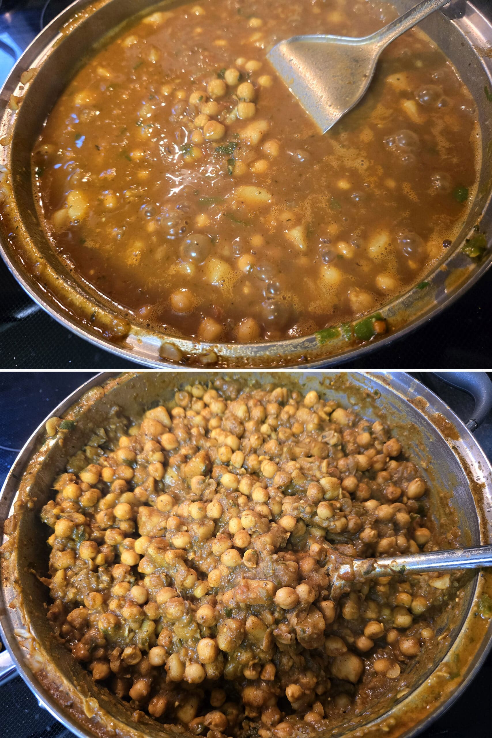 2 part image showing the pot of filling before and after thickening.