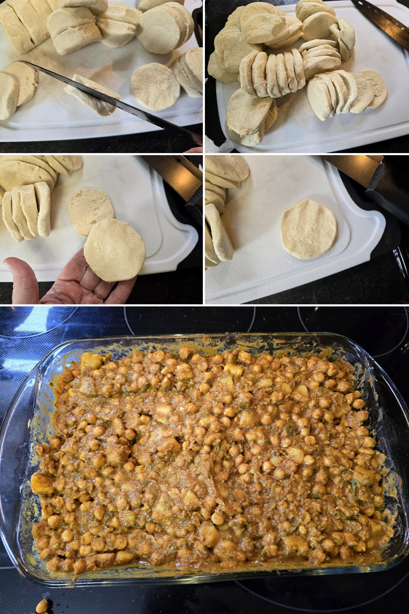 5 part image showing the biscuits being cut in half and flattened, and the filling poured into a pan.