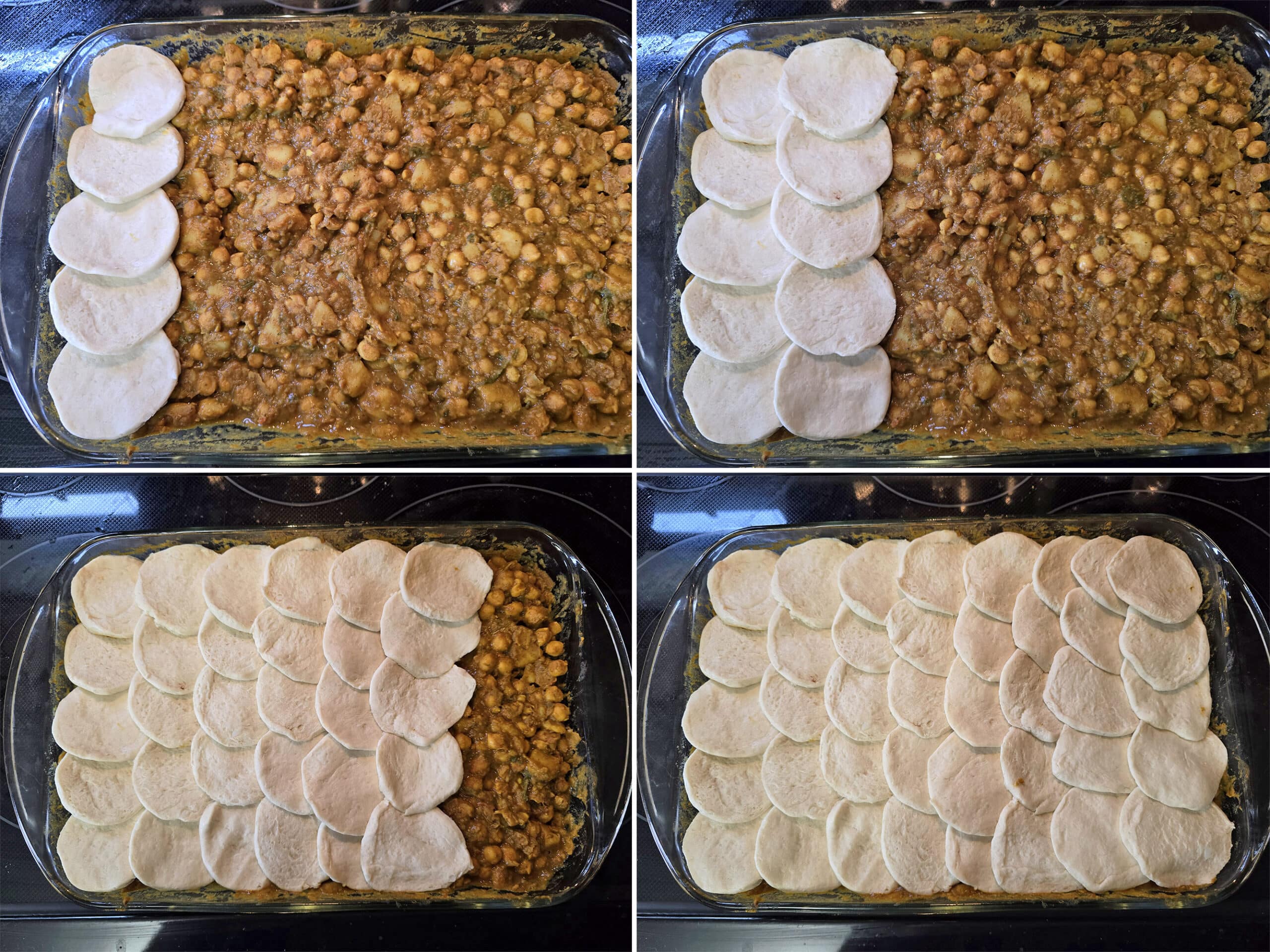 4 part image showing the flattened biscuits being laid out over the doubles filling.