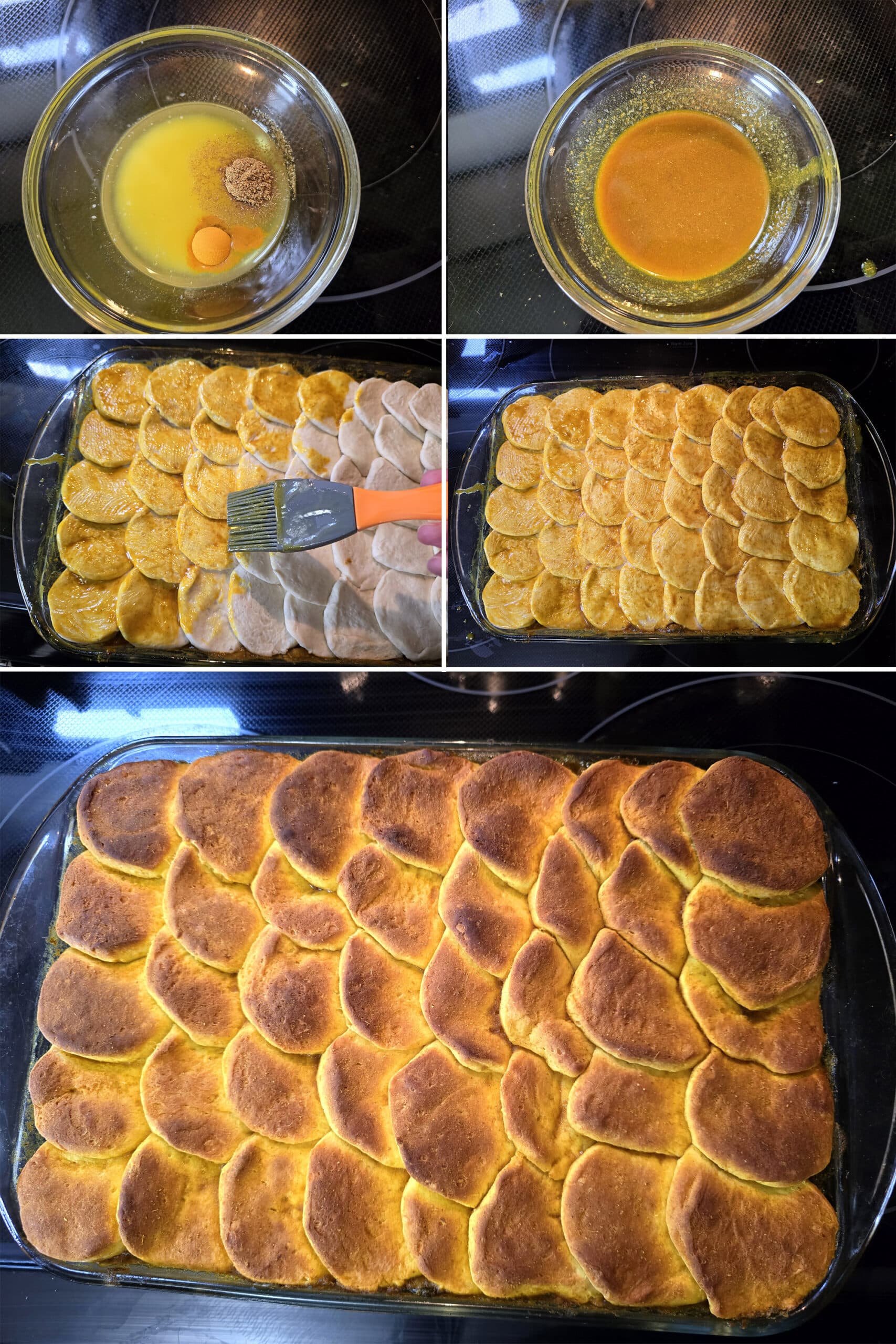 5 part image showing the spiced butter being mixed, brushed over the biscuits, and baked.