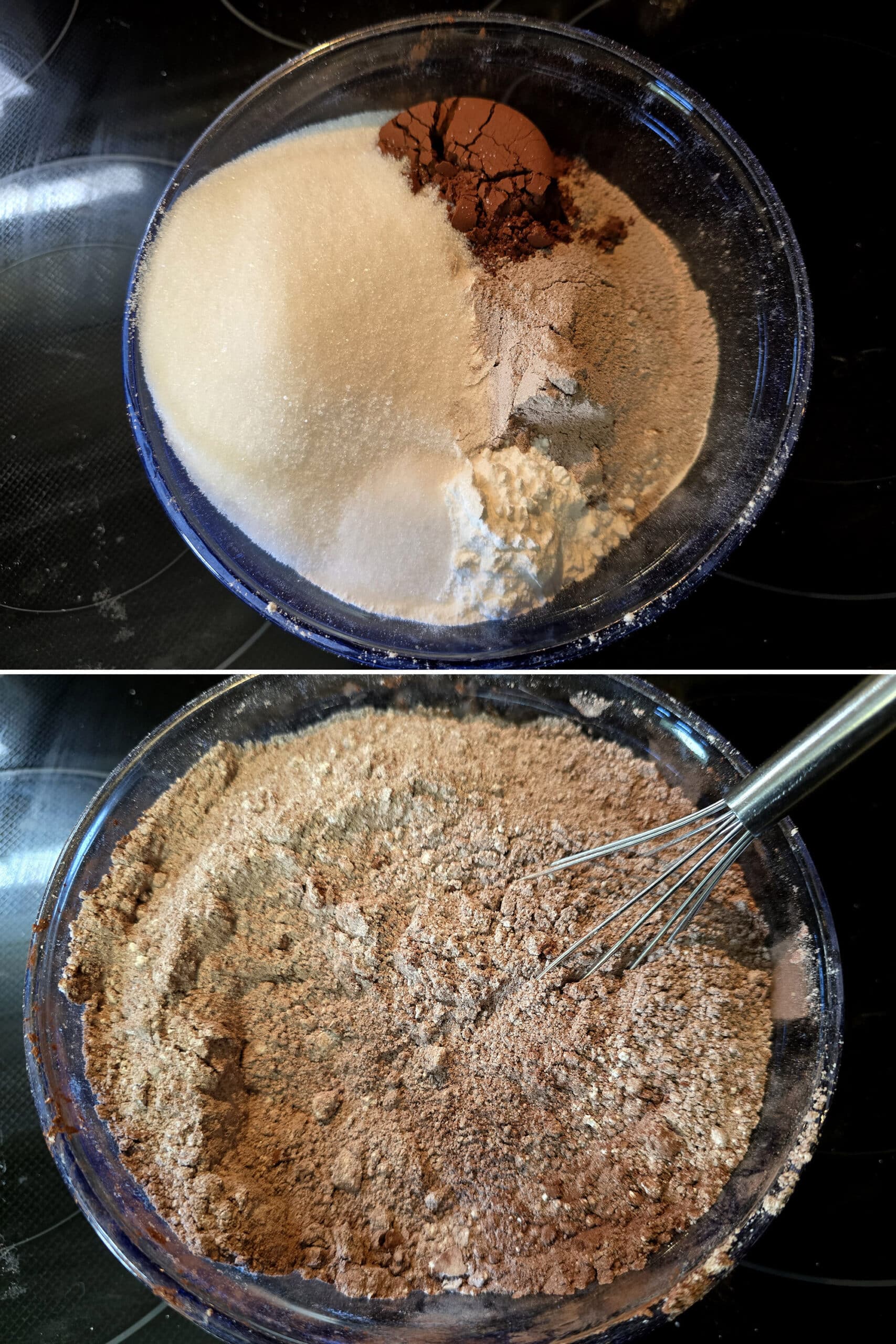2 part image showing a batch of homemade chocolate cake mix being mixed in a bowl.